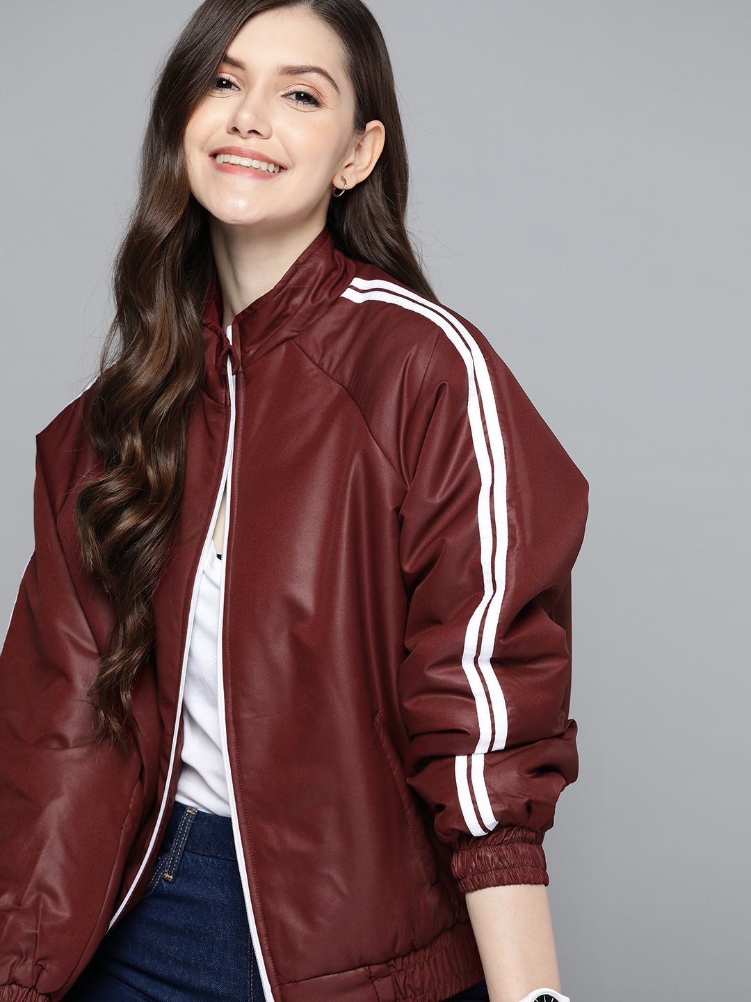 

Mast & Harbour Women Maroon Solid Bomber Jacket