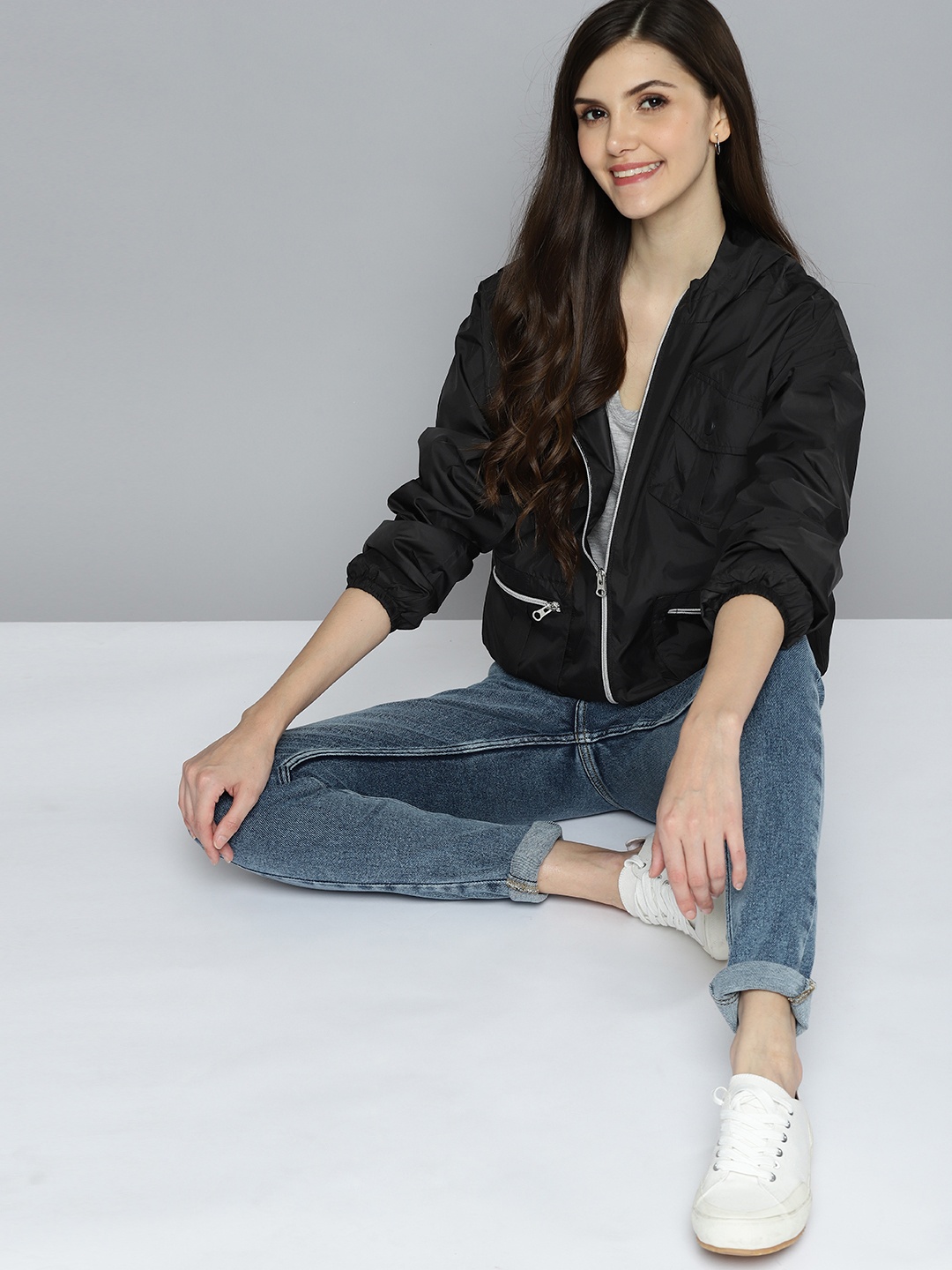 

Mast & Harbour Women Black Solid Hooded Tailored Jacket