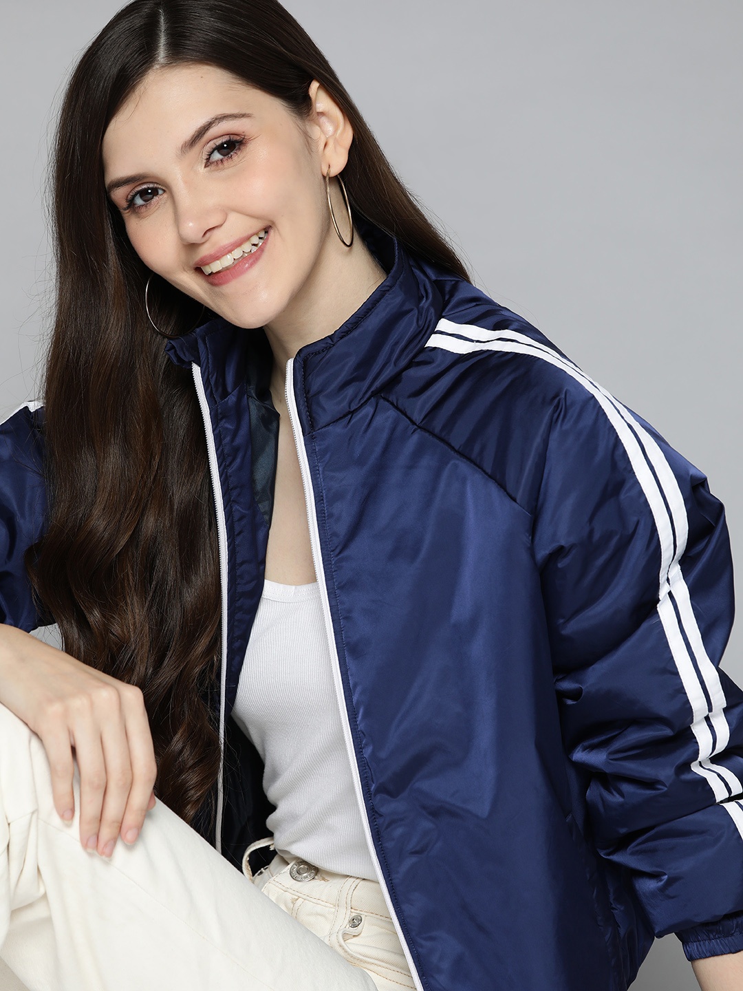 

Mast & Harbour Women Navy Blue Solid Bomber Jacket with Striped Detail