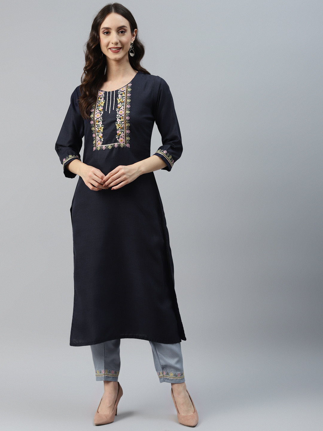 

SheWill Women Navy Blue Floral Yoke Design Gotta Patti Kurta with Trousers