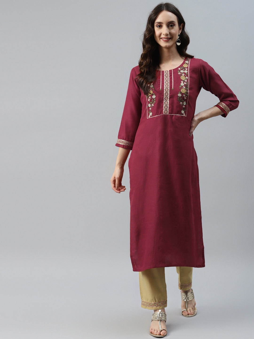 

SheWill Women Maroon Floral Yoke Design Gotta Patti Kurta with Trousers