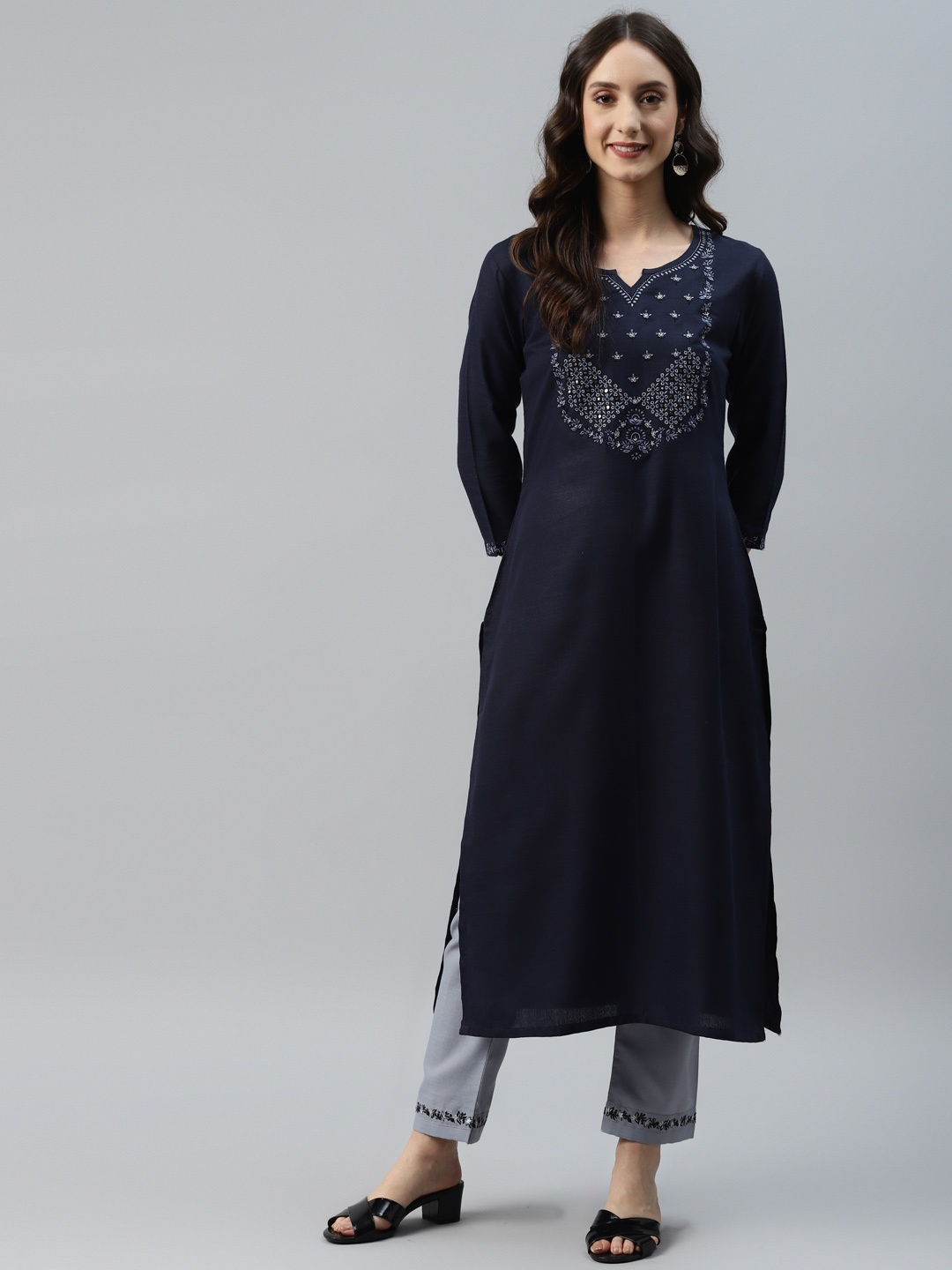 

SheWill Women Navy Blue Floral Yoke Design Mirror Work Kurta with Trousers