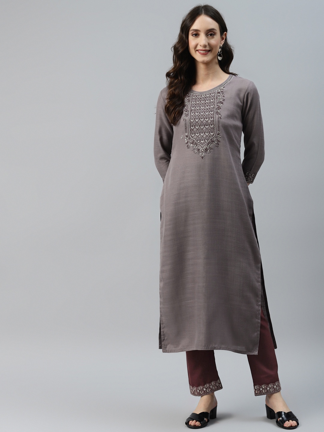 

SheWill Women Mauve Floral Yoke Design Mirror Work Kurta with Trousers
