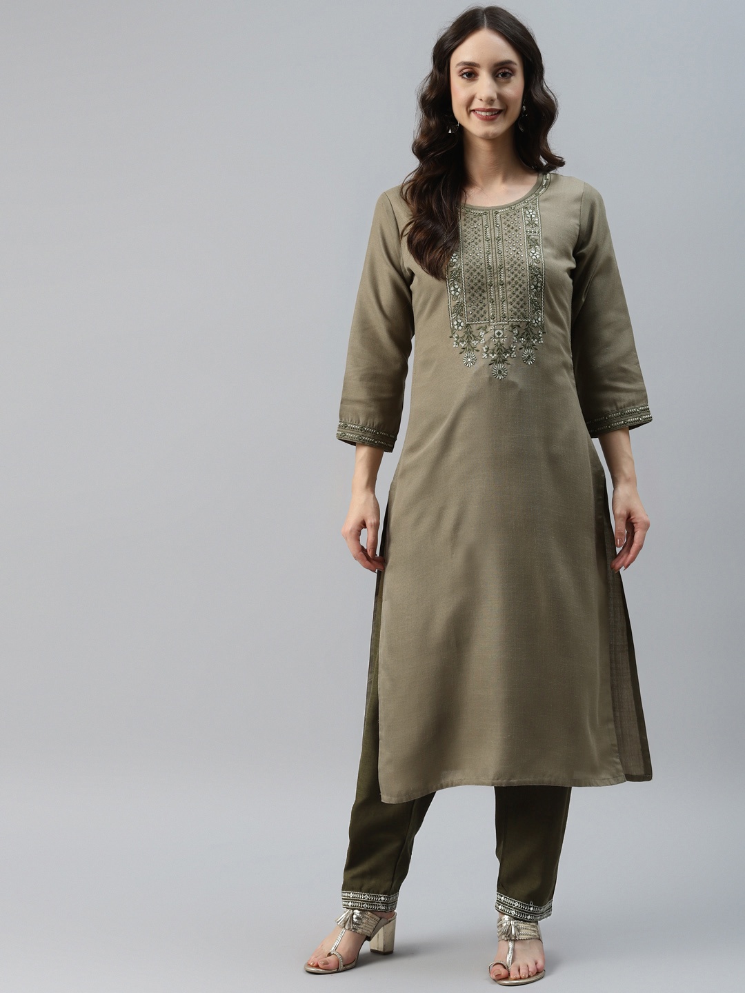 

SheWill Women Olive Green Floral Yoke Design Mirror Work Kurta with Trousers