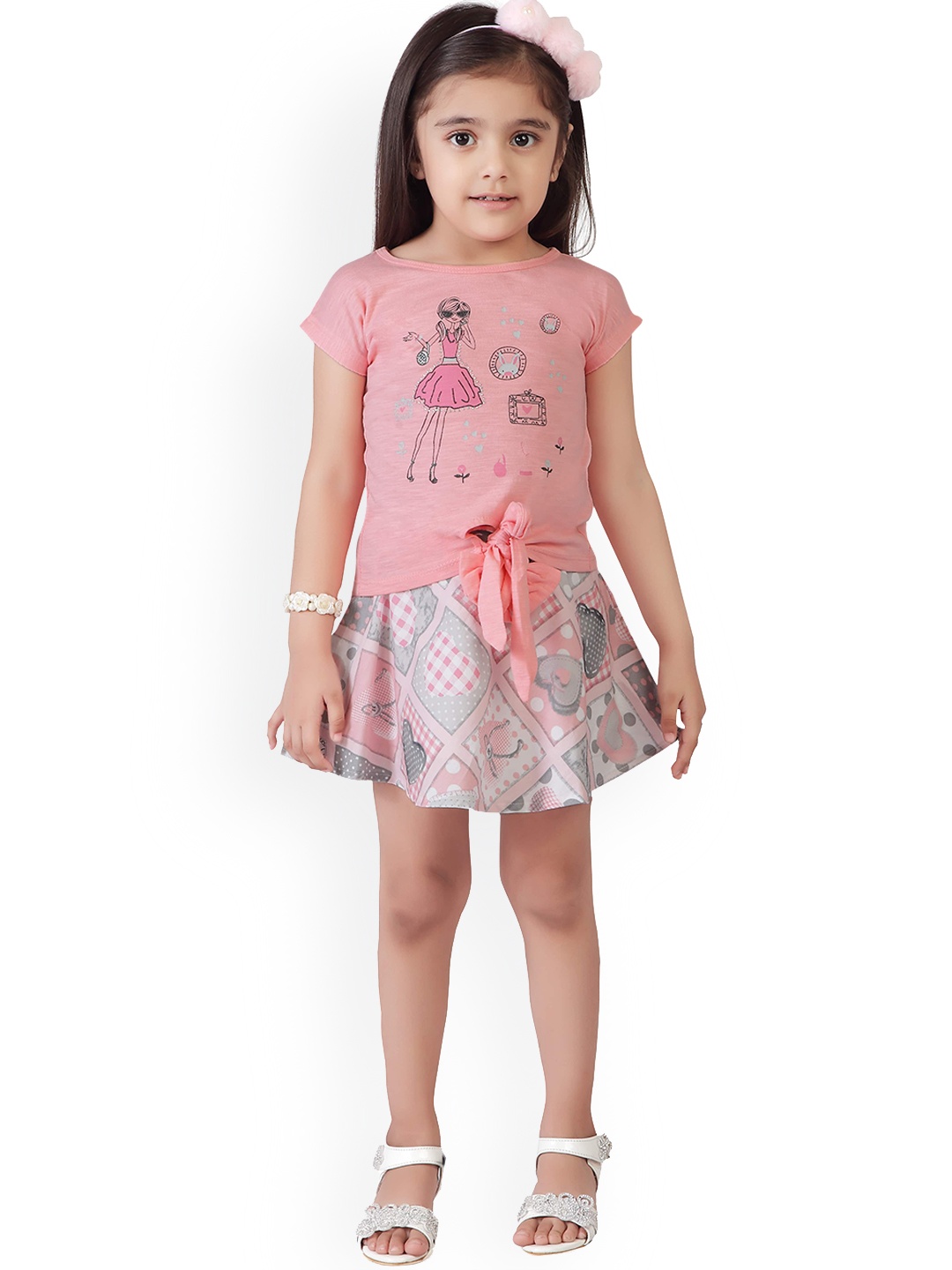 

Tiny Girl Girls Peach-Coloured & White Printed Pure Cotton T-shirt with Skirt