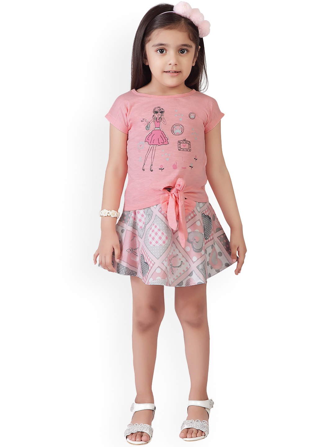 

Tiny Girl Girls Peach & Grey Printed Cotton T-shirt with Skirt