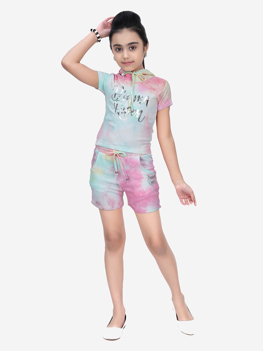 

Tiny Girl Girls Pink & Blue Printed Tie and Dye T-shirt with Shorts