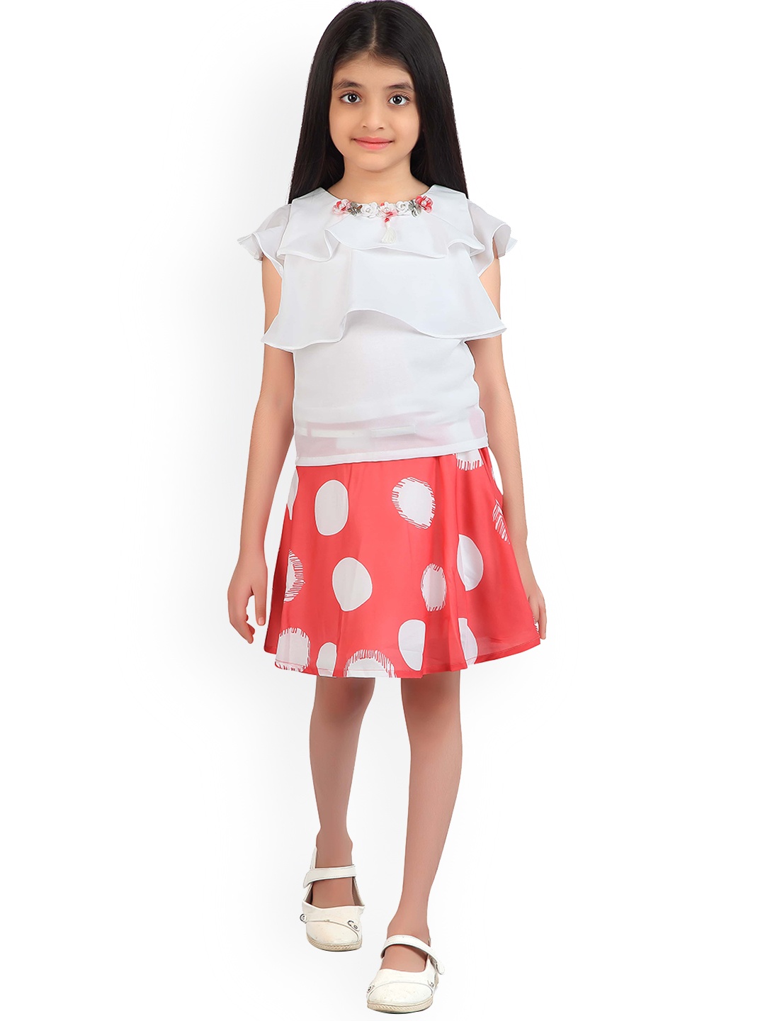

Tiny Girl Girls Peach-Coloured & White Top with Skirt
