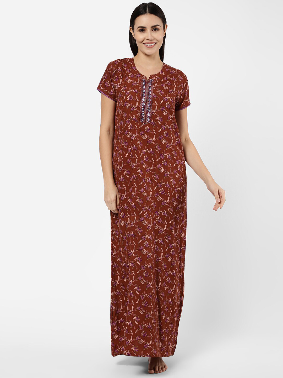 

Sweet Dreams Women Brown Printed Maxi Nightdress