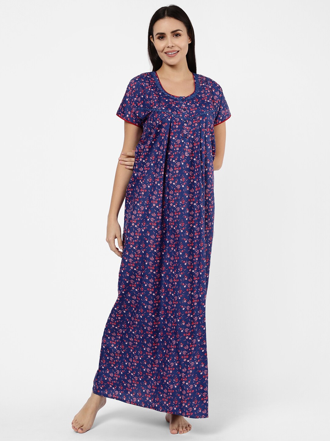 

Sweet Dreams Women Navy Blue Floral Printed Maxi Nightdress