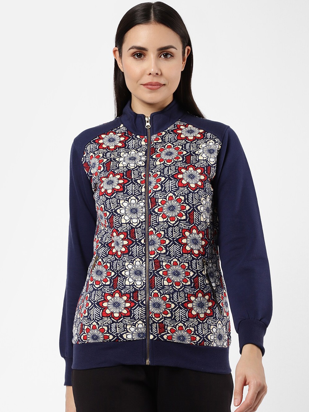 Sweet Dreams Women Navy Blue Floral Fleece Running Bomber Jacket
