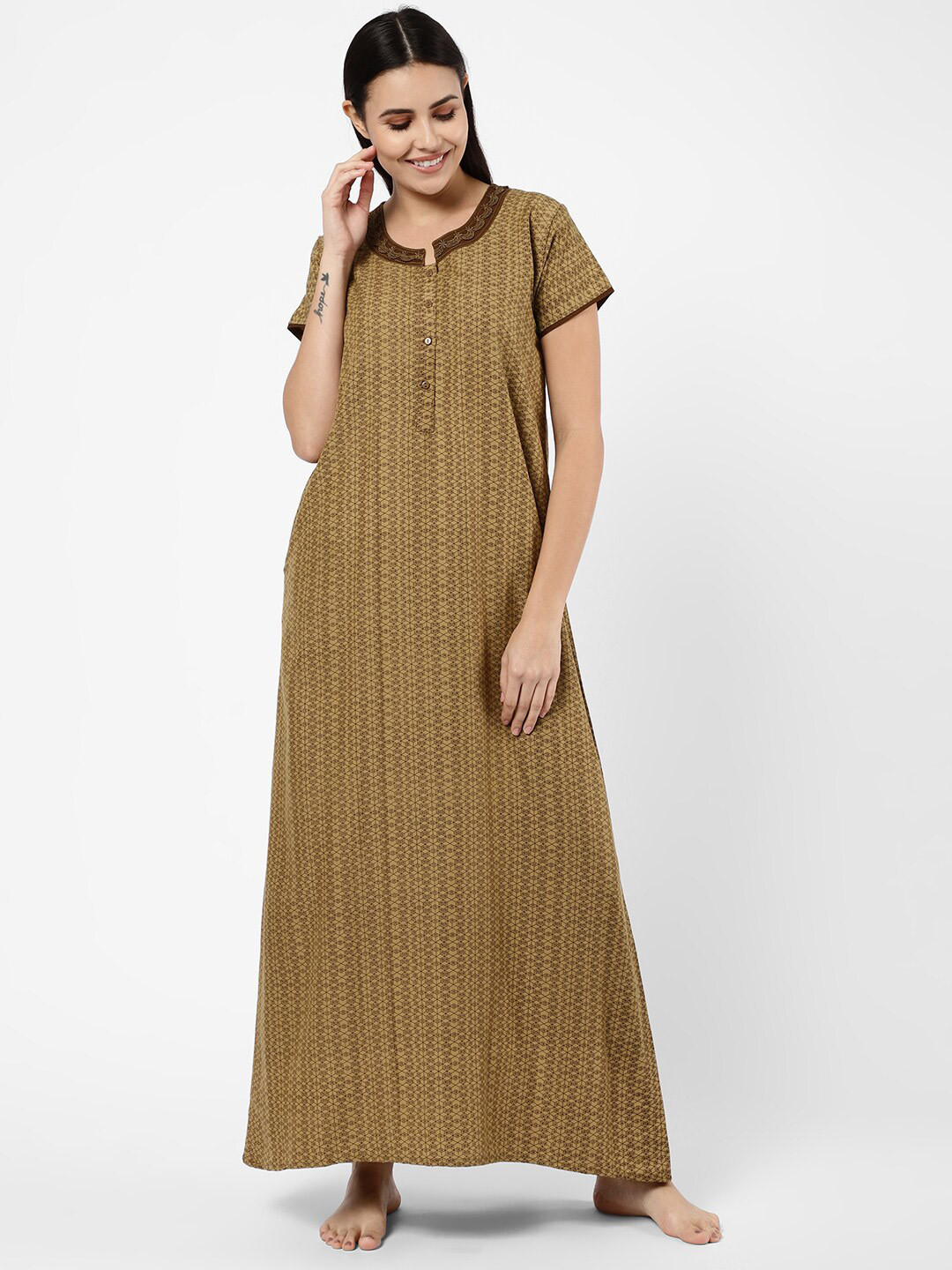 

Sweet Dreams Women's Khaki Printed Maxi Nightdress