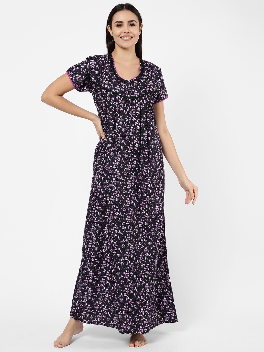 

Sweet Dreams Women Black Printed Maxi Nightdress