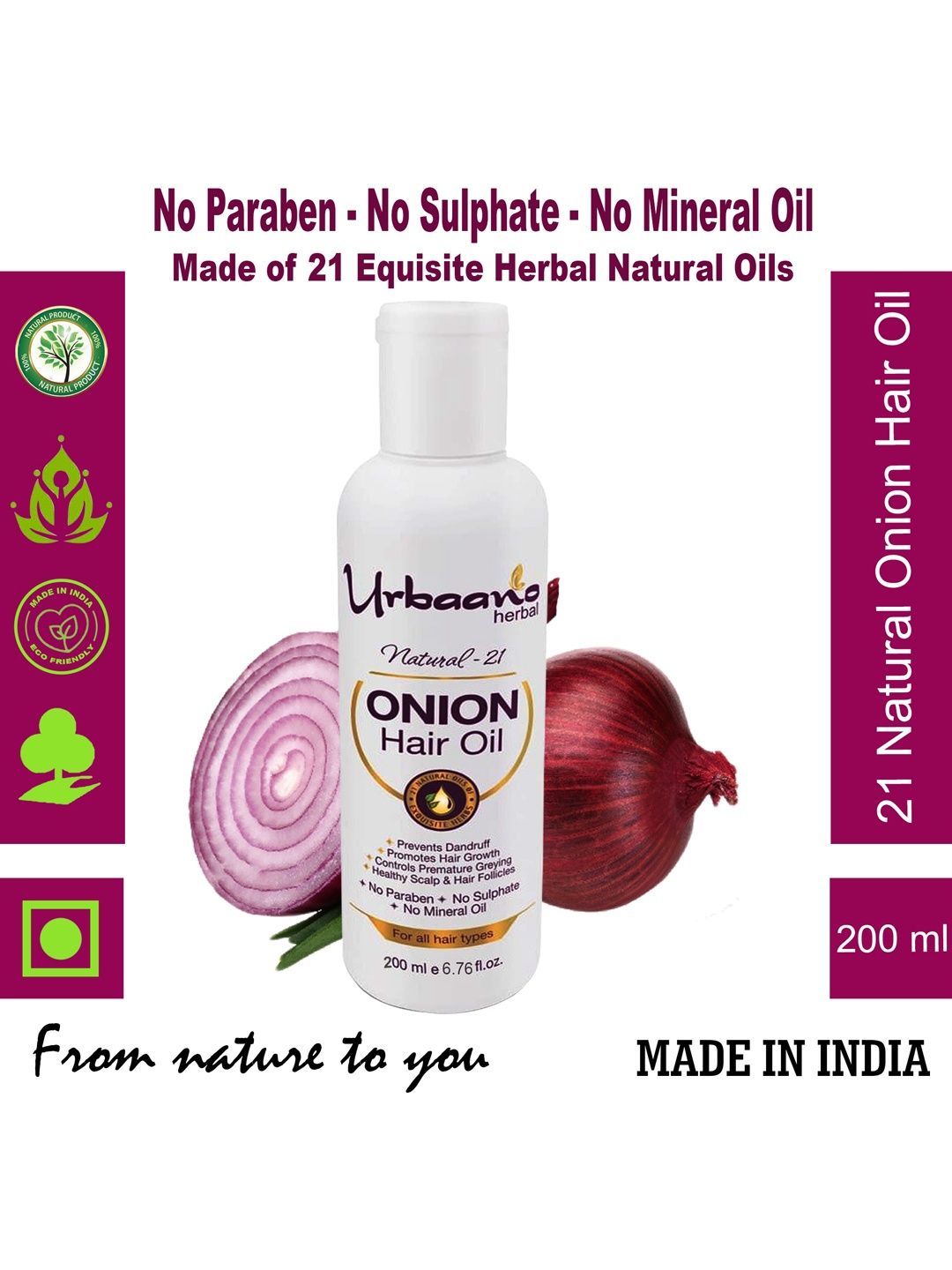 

Urbaano Herbal Paraben Free Natural 21 Red Onion Hair Oil To Prevent Dandruff - 200 ml, White