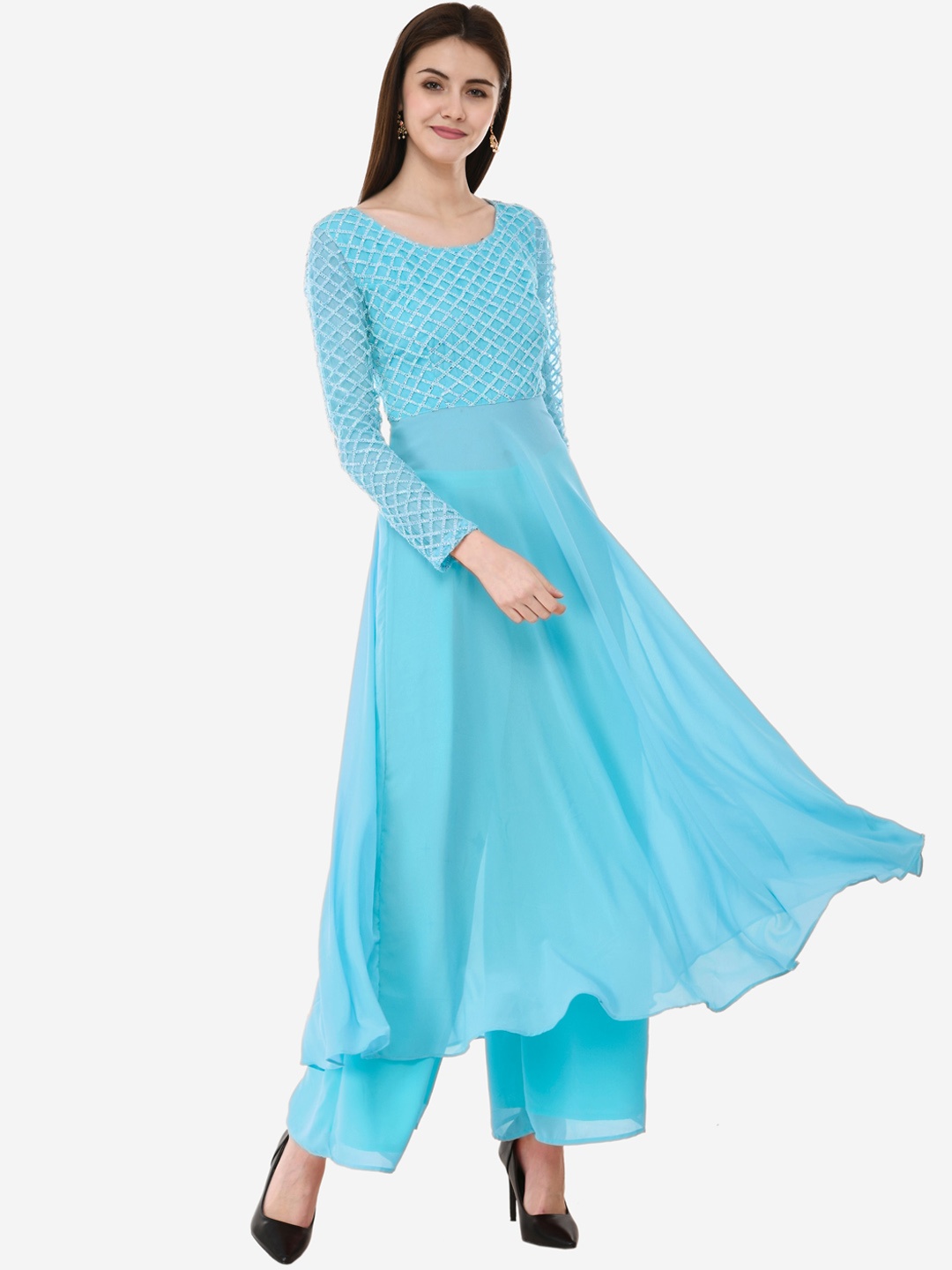 

V&M Women Blue Printed Pleated Kurta with Palazzos