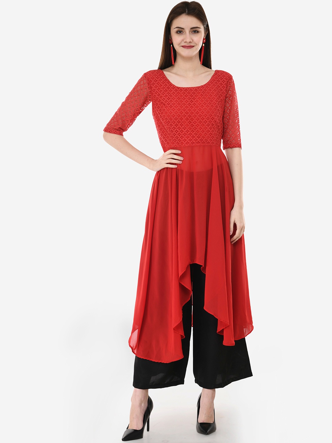 

V&M Women Red Pleated Kurta with Palazzos