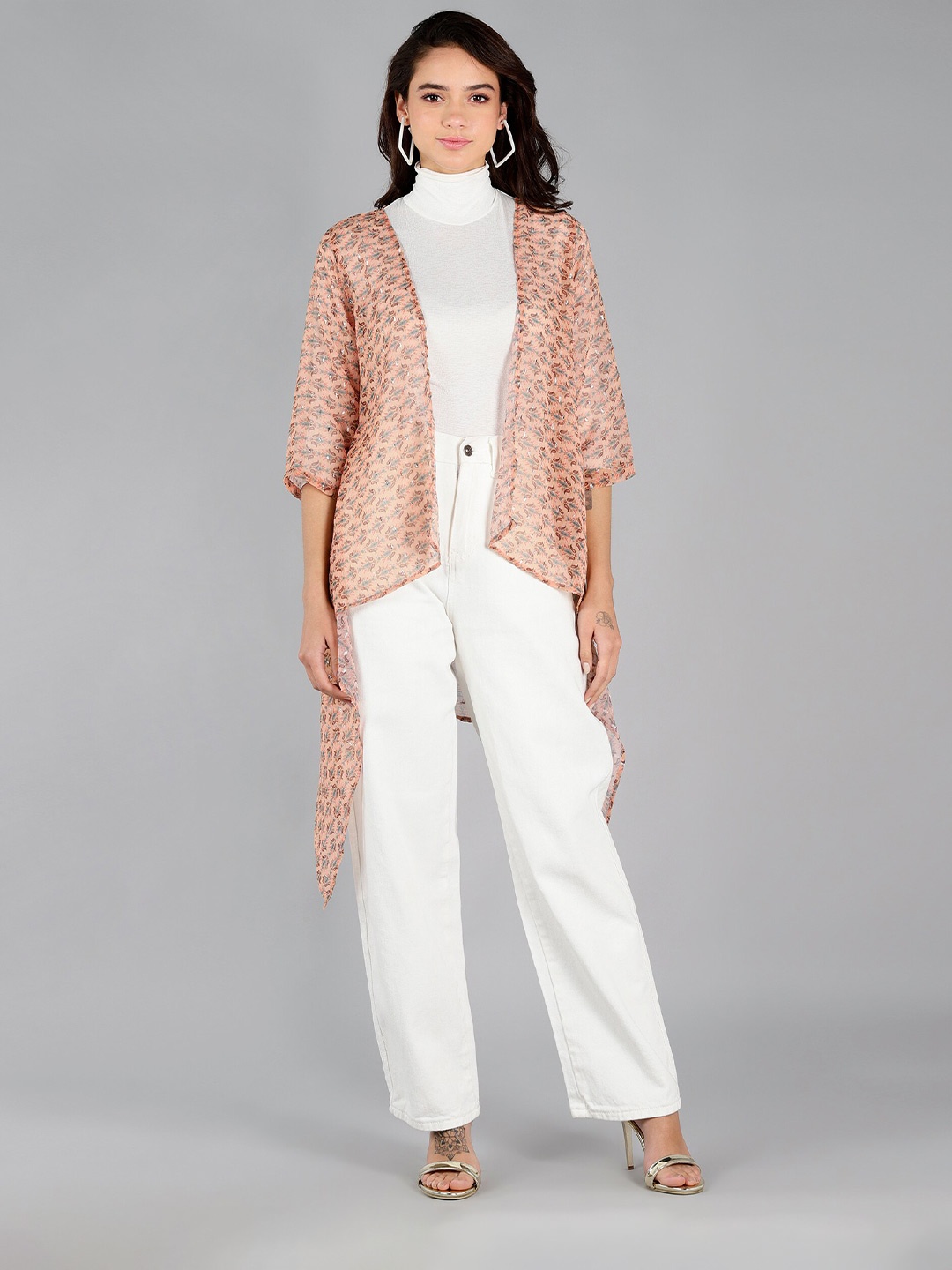 

Fashfun Women Peach-Coloured & Grey Printed Shrug