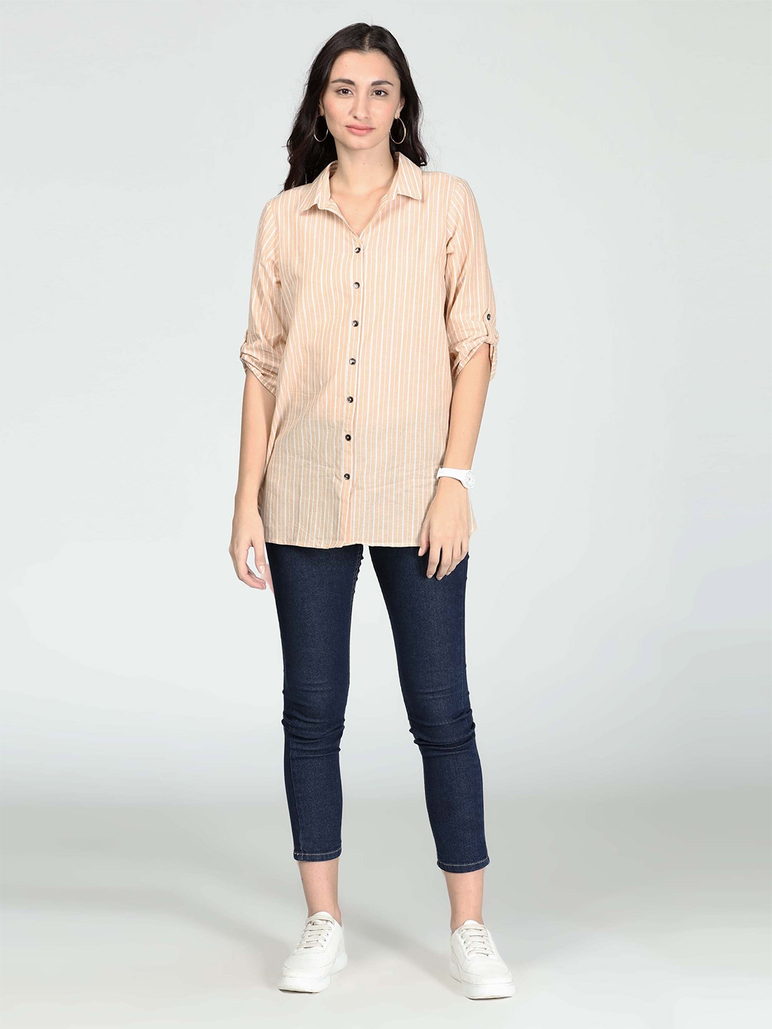 

IDK Beige Roll-Up Sleeves Shirt Style Top