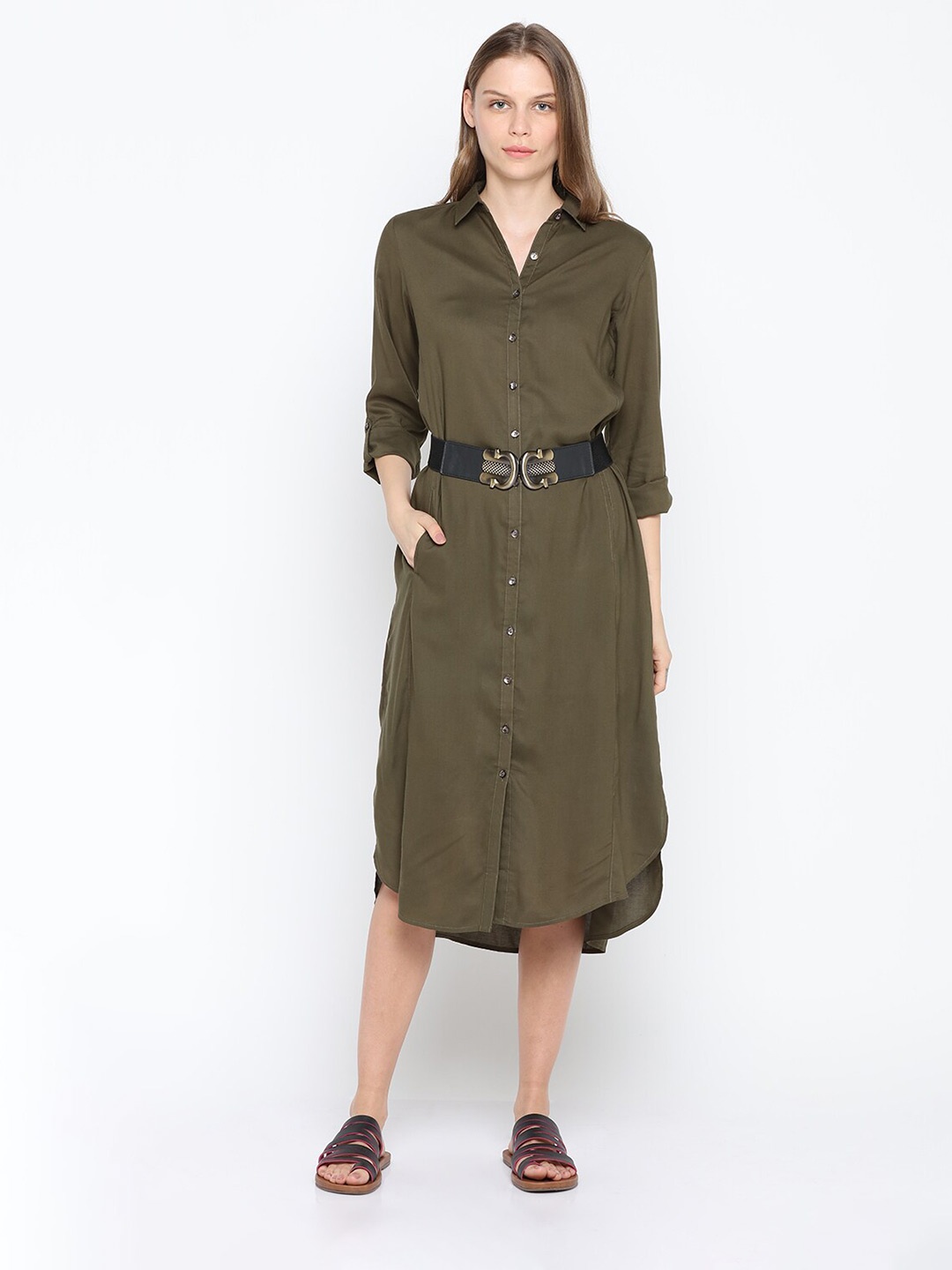 

IDK women Olive Green Shirt knee lenght Dress