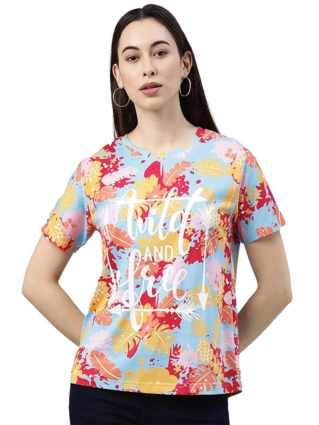 

FRAUTICA Blue & Orange Floral Print Round Neck Top