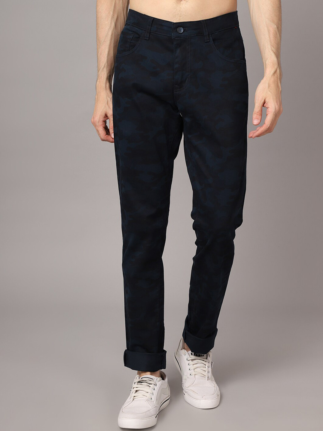 

Cantabil Men Navy Blue Camouflage Printed Chinos Trousers