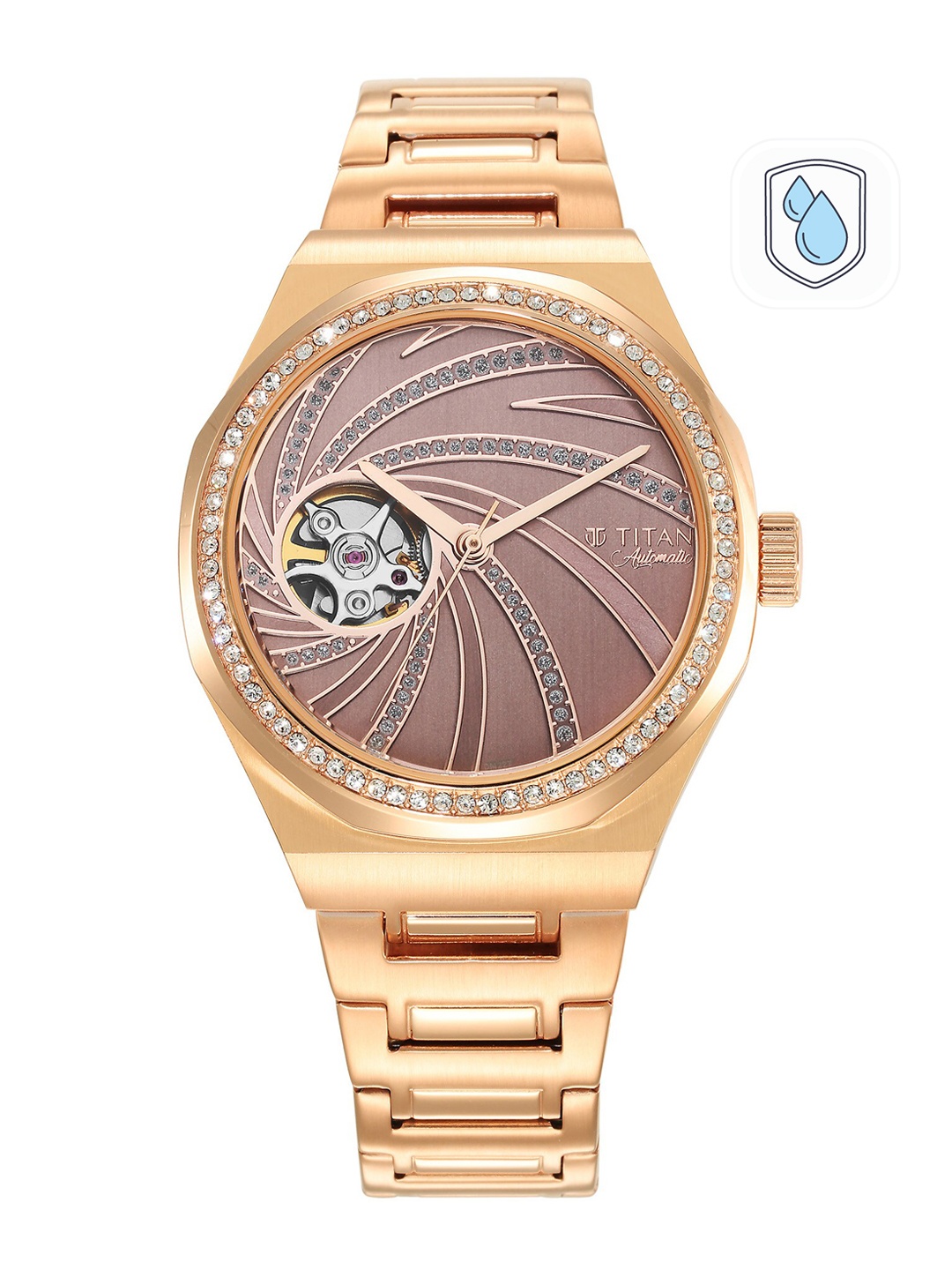 

Titan Women Rose Gold-Toned Skeleton Dial & Gold Toned Stainless Steel Bracelet Style Straps Analogue Watch