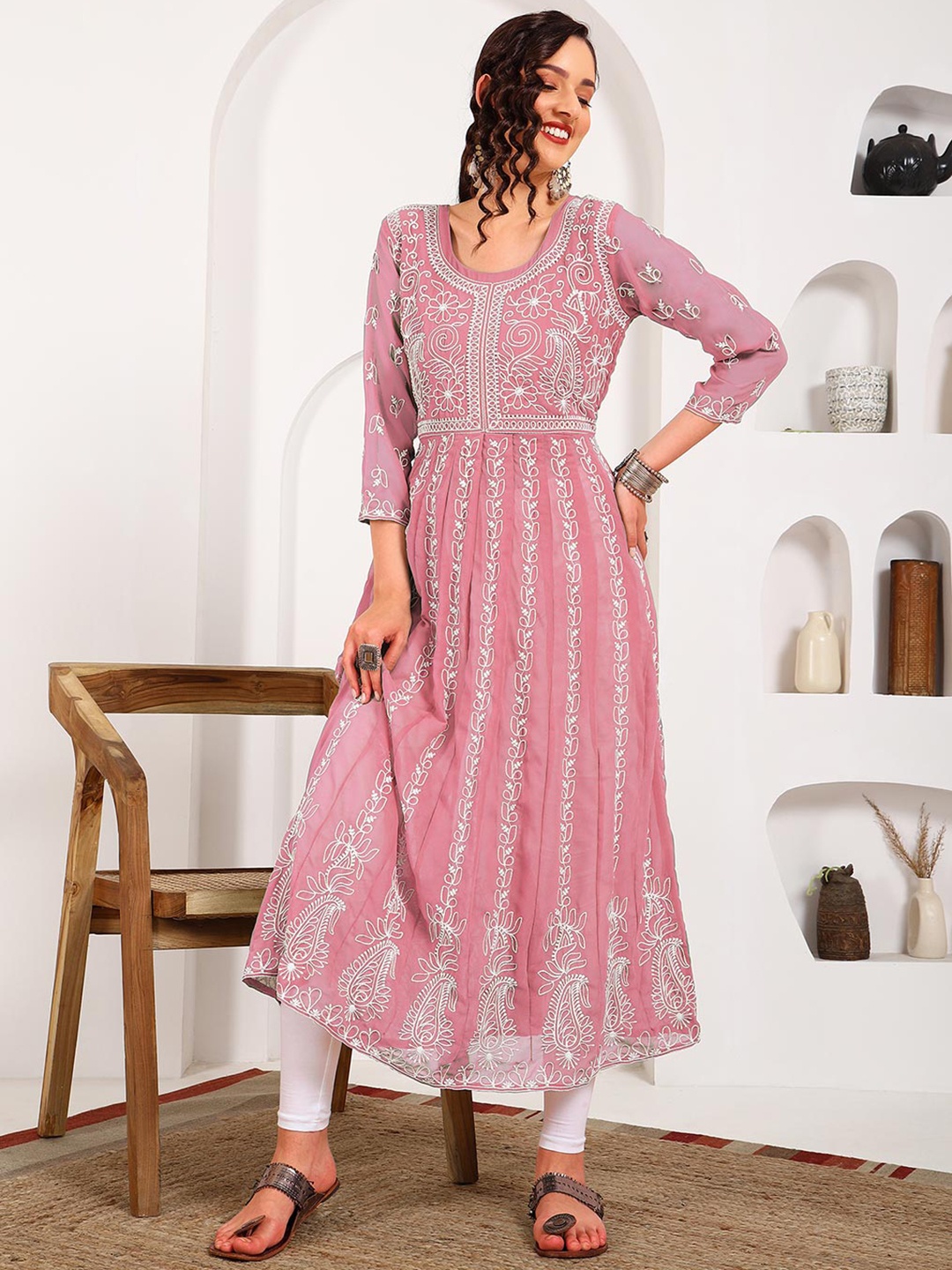 

HERENOW Women Chikankari Embroidered Thread Work Georgette Anarkali Kurta, Peach
