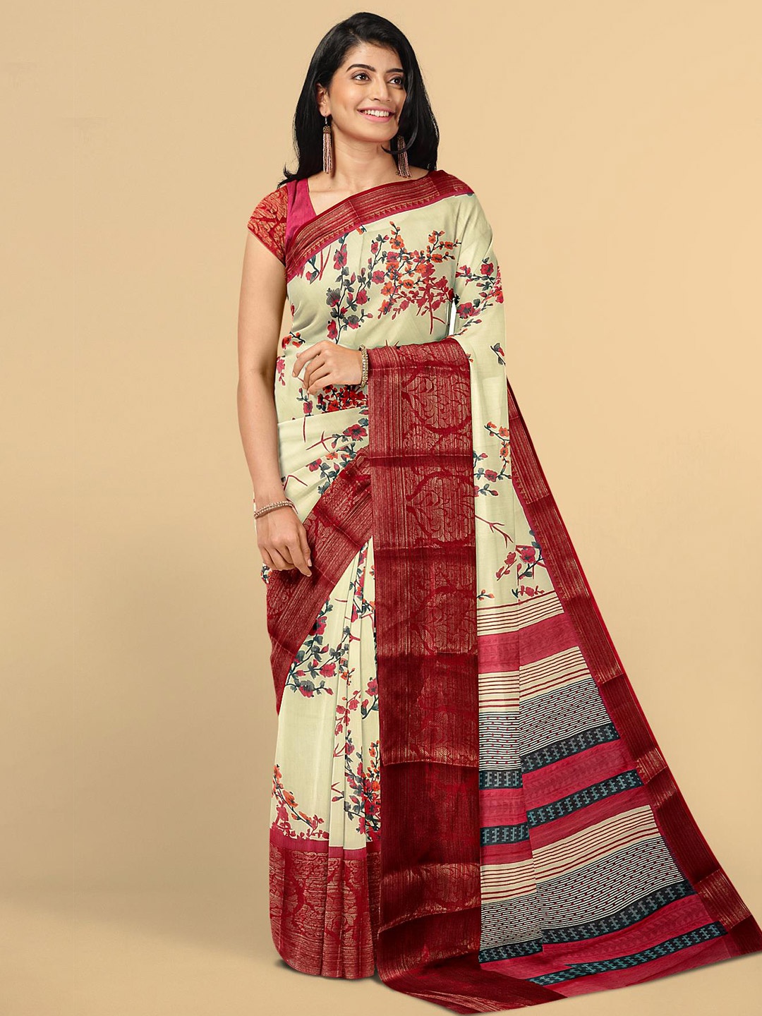 

Kalamandir Cream-Coloured & Red Floral Zari Silk Blend Saree