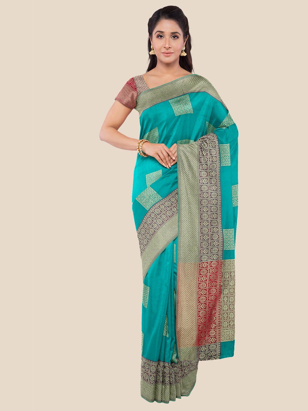 

Kalamandir Teal & Gold-Toned Ethnic Motifs Zari Silk Blend Saree