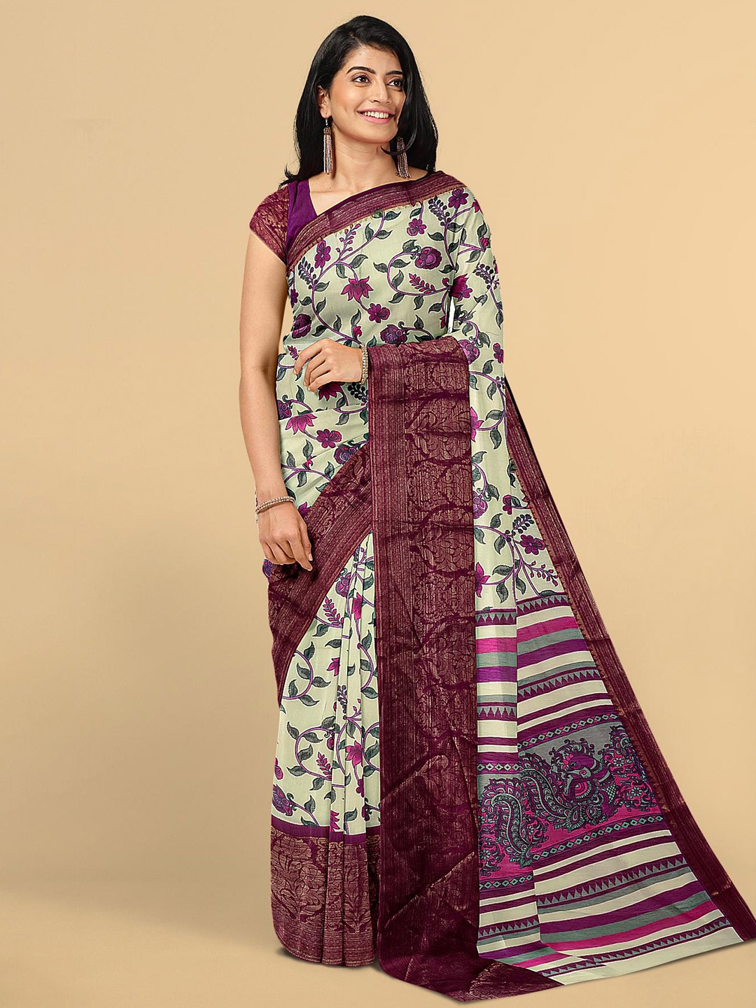 

Kalamandir Purple & Cream-Coloured Floral Zari Silk Blend Saree