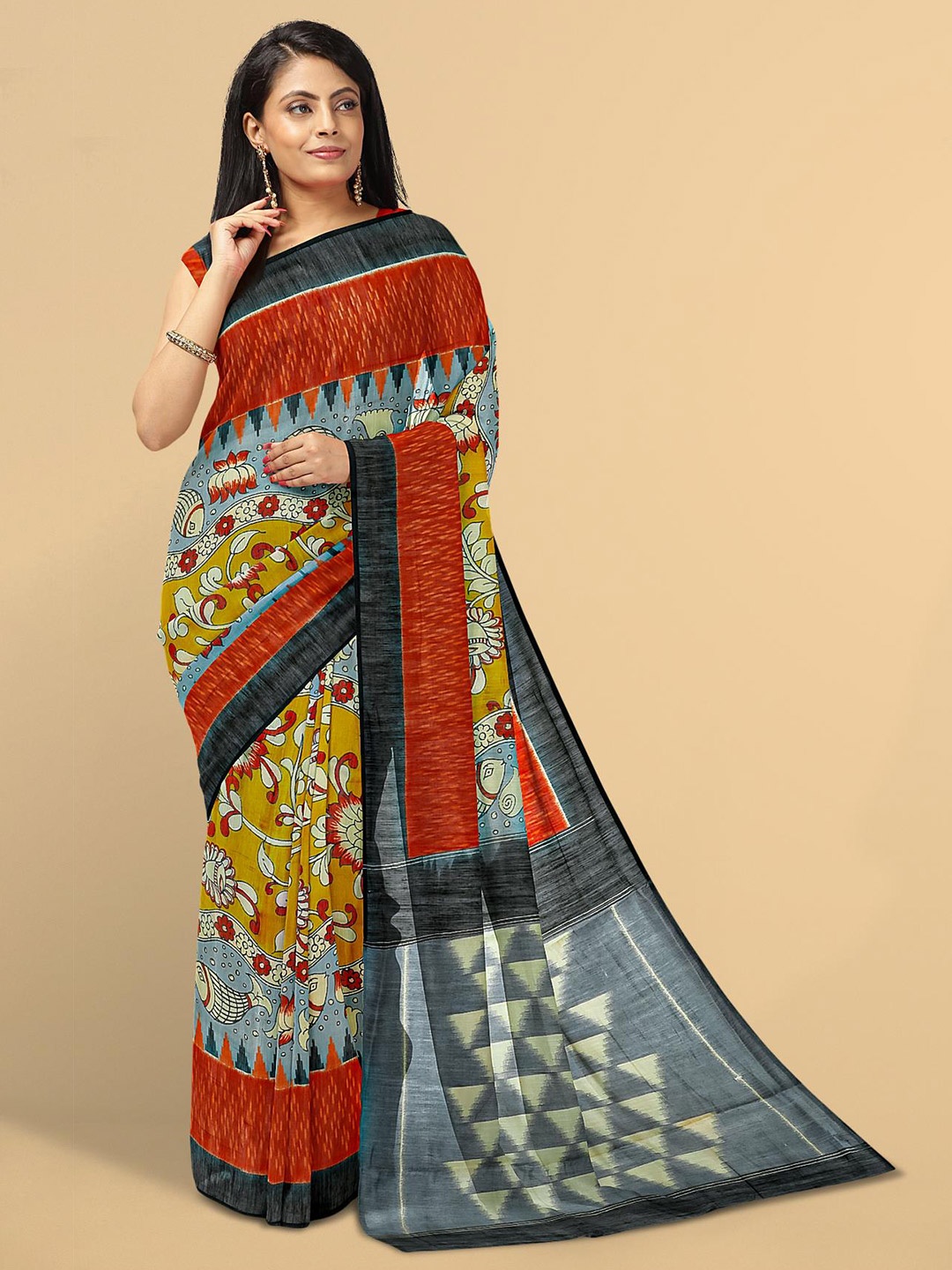

Kalamandir Grey & Red Kalamkari Linen Blend Saree
