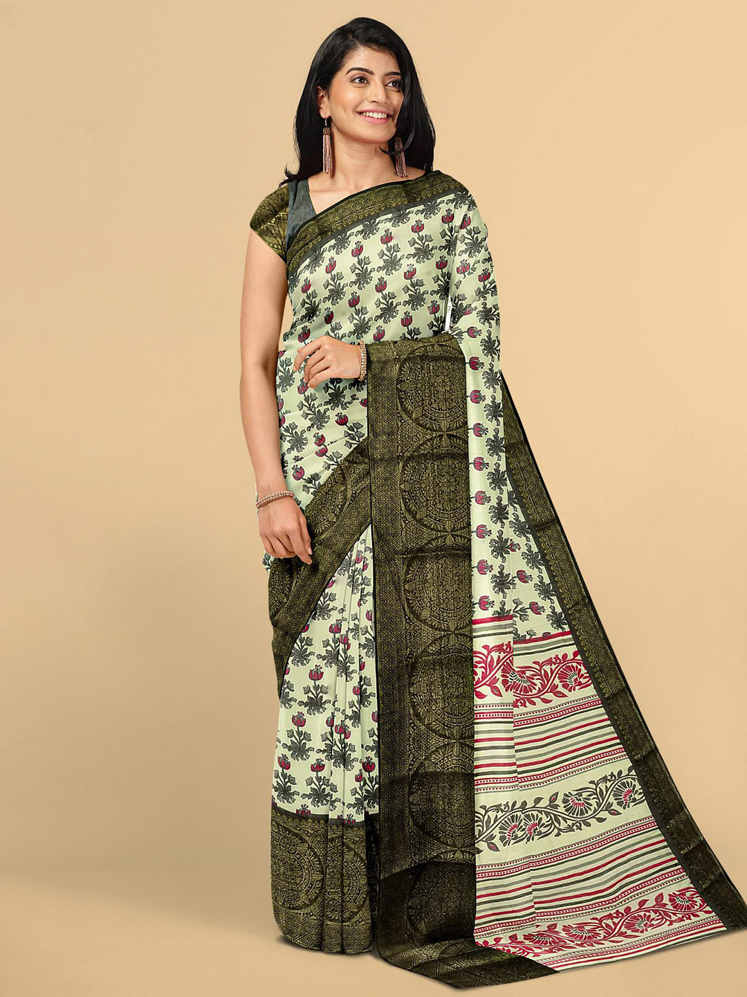 

Kalamandir Cream-Coloured & Olive Green Ethnic Motifs Silk Blend Saree