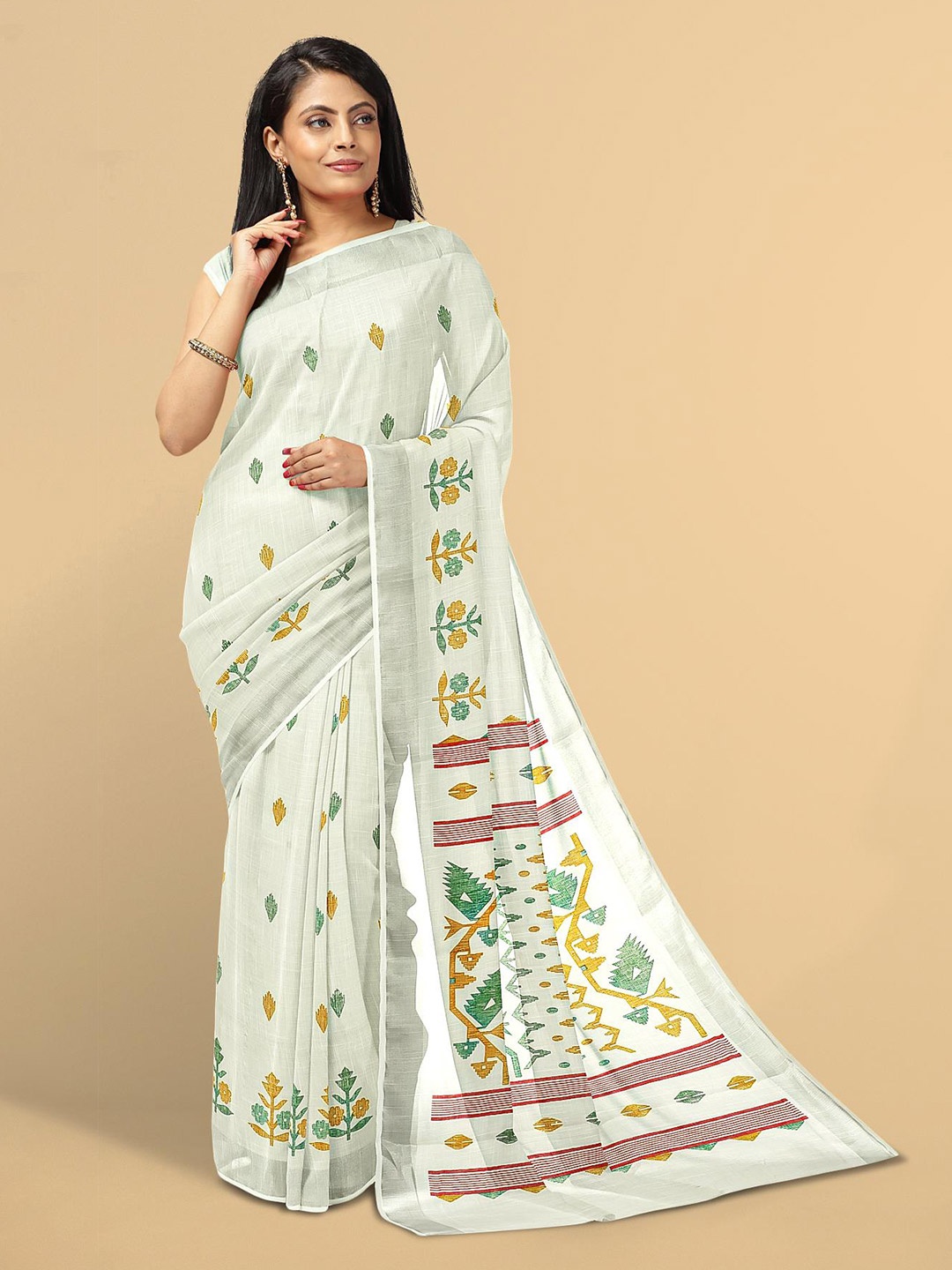 

Kalamandir Women White & Mustard Floral Zari Linen Blend Saree