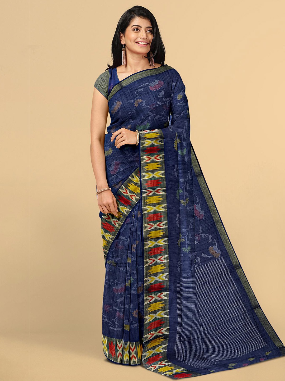 

Kalamandir Navy Blue & Yellow Floral Zari Linen Blend Saree