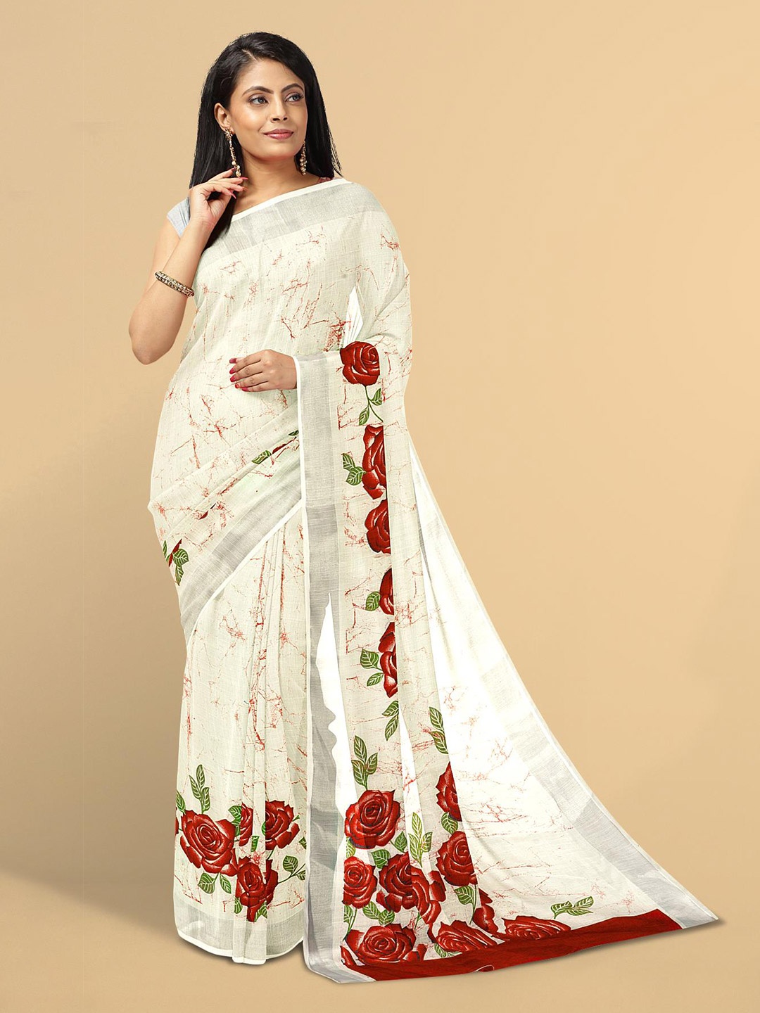 

Kalamandir White & Red Floral Zari Linen Blend Saree