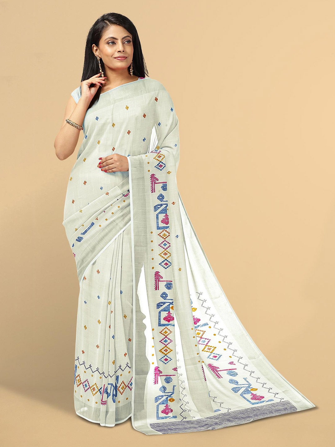 

Kalamandir Women White & Blue Zari Linen Blend Saree