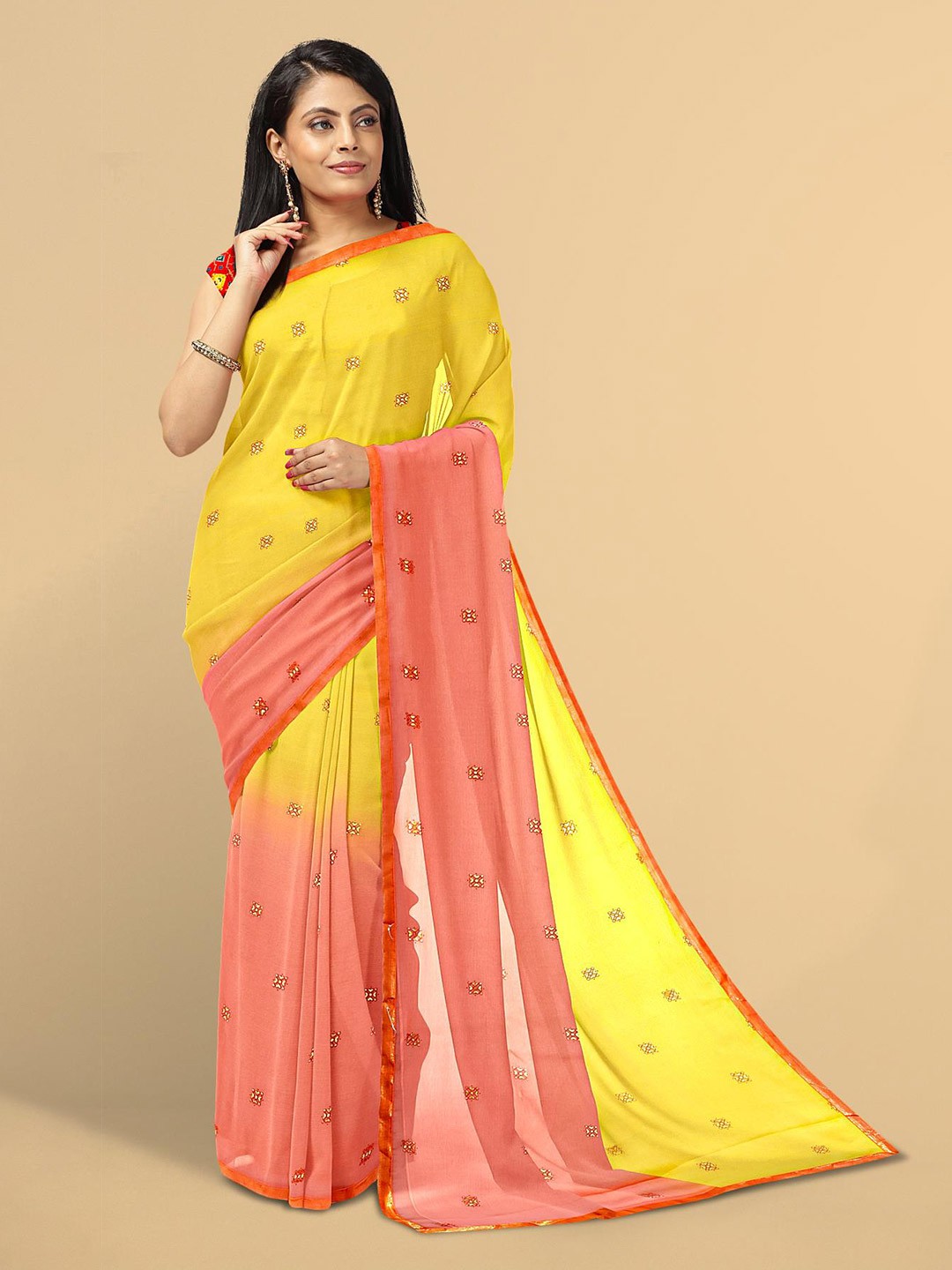 

Kalamandir Women Yellow & Orange Floral Sequinned Silk Blend Saree
