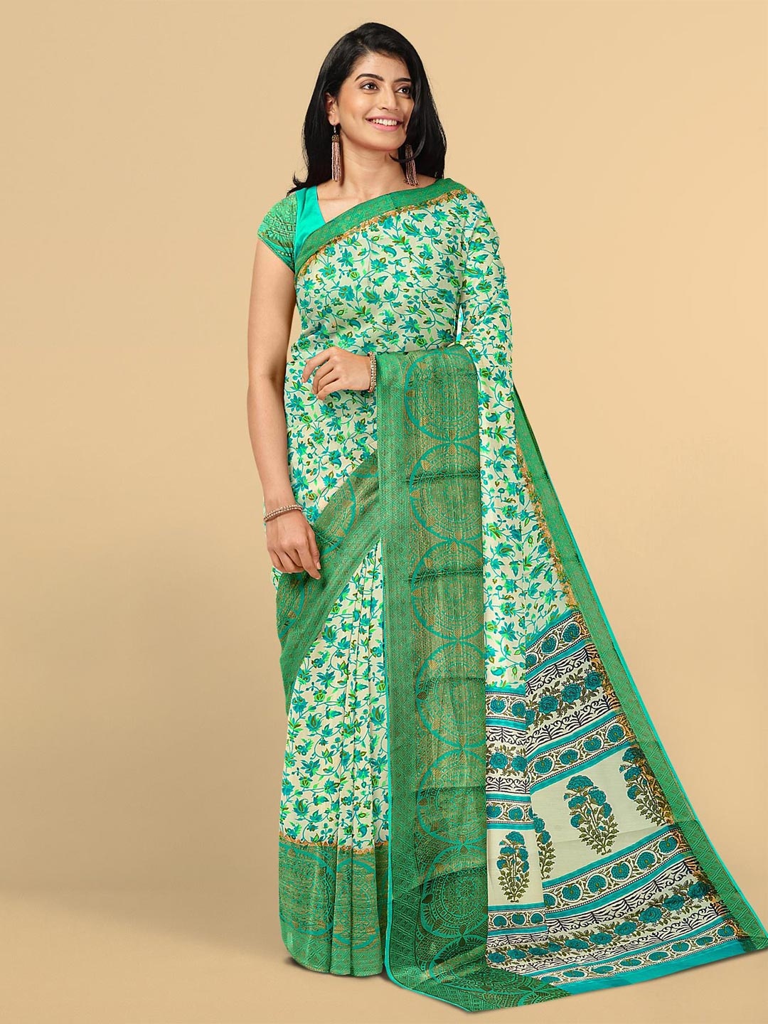 

Kalamandir Green Floral Silk Blend Saree