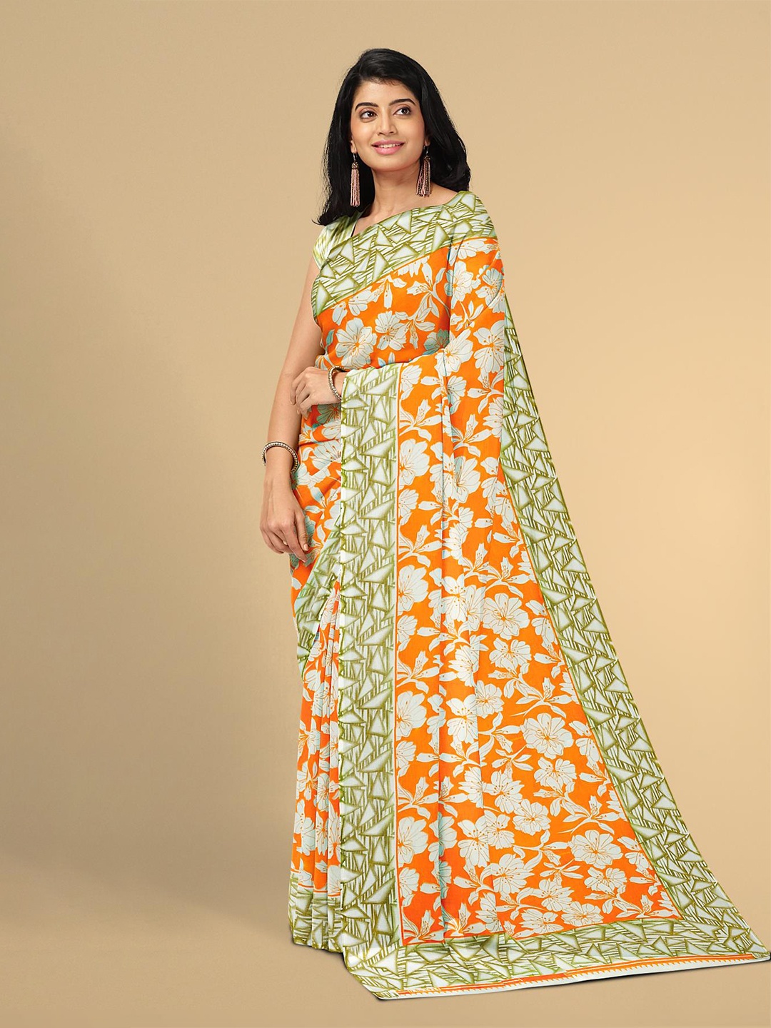 

Kalamandir Orange & Green Floral Saree