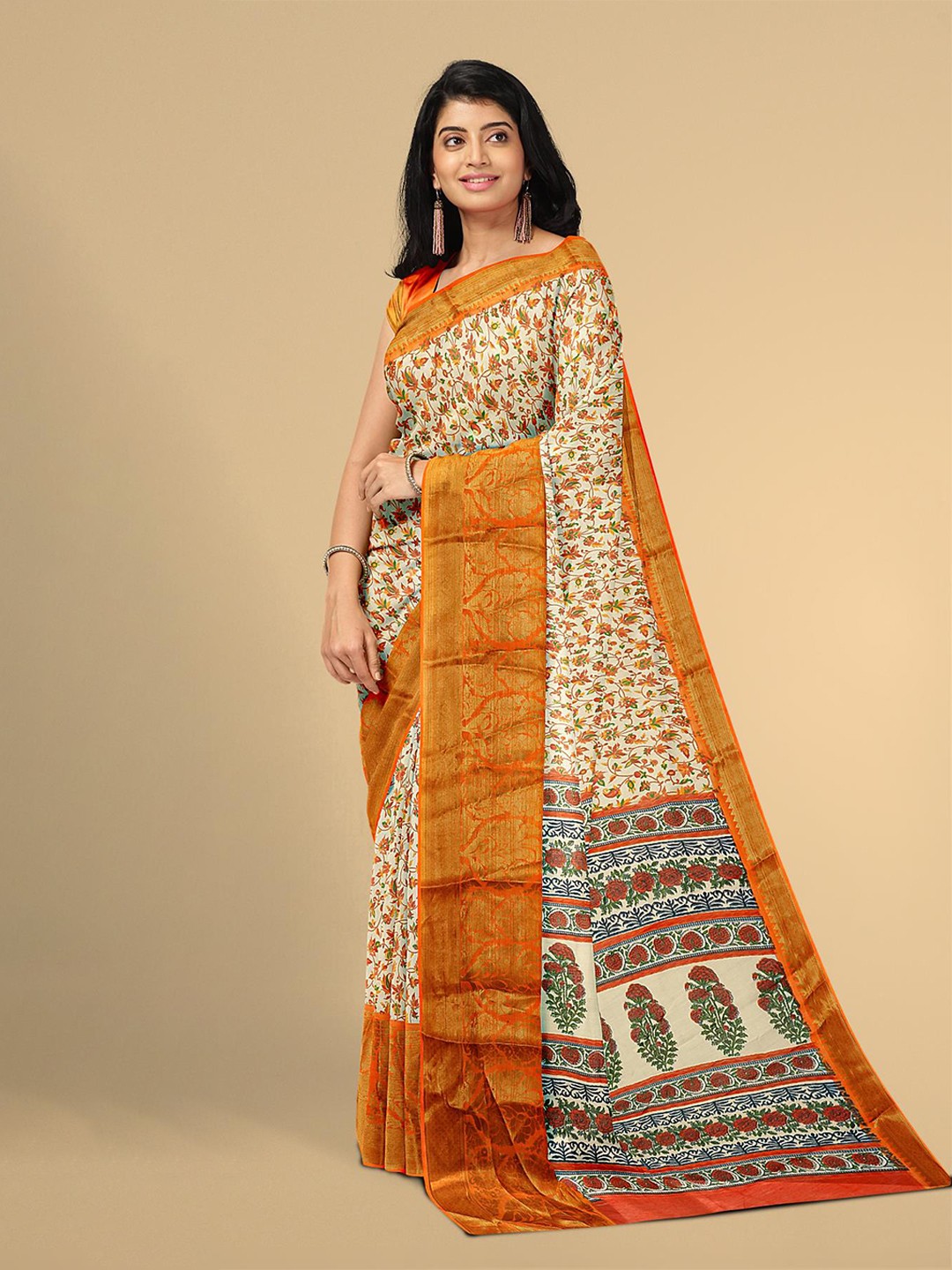 

Kalamandir Orange & Beige Floral Zari Silk Blend Saree