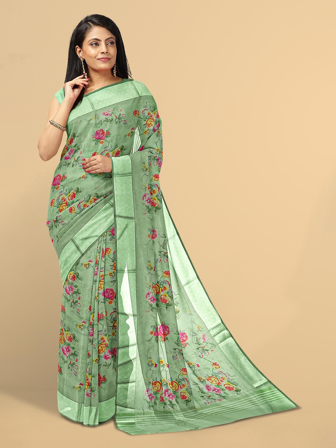

Kalamandir Green & Pink Floral Zari Linen Blend Saree