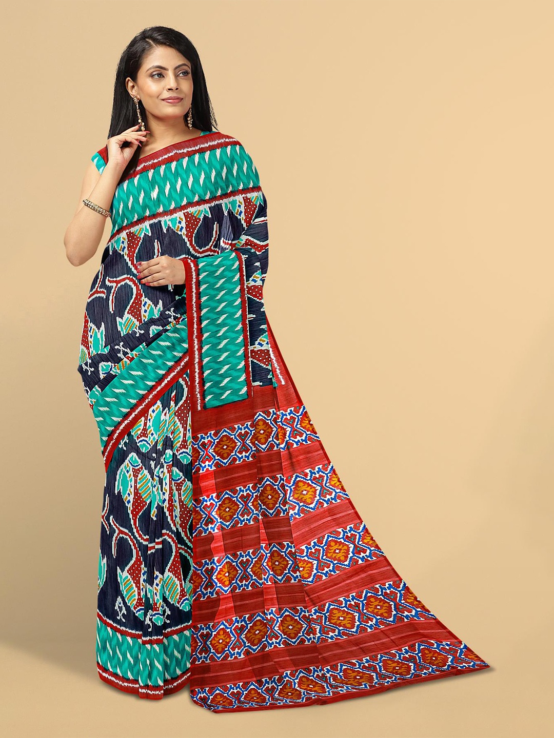 

Kalamandir Navy Blue & Red Ethnic Motifs Linen Blend Saree