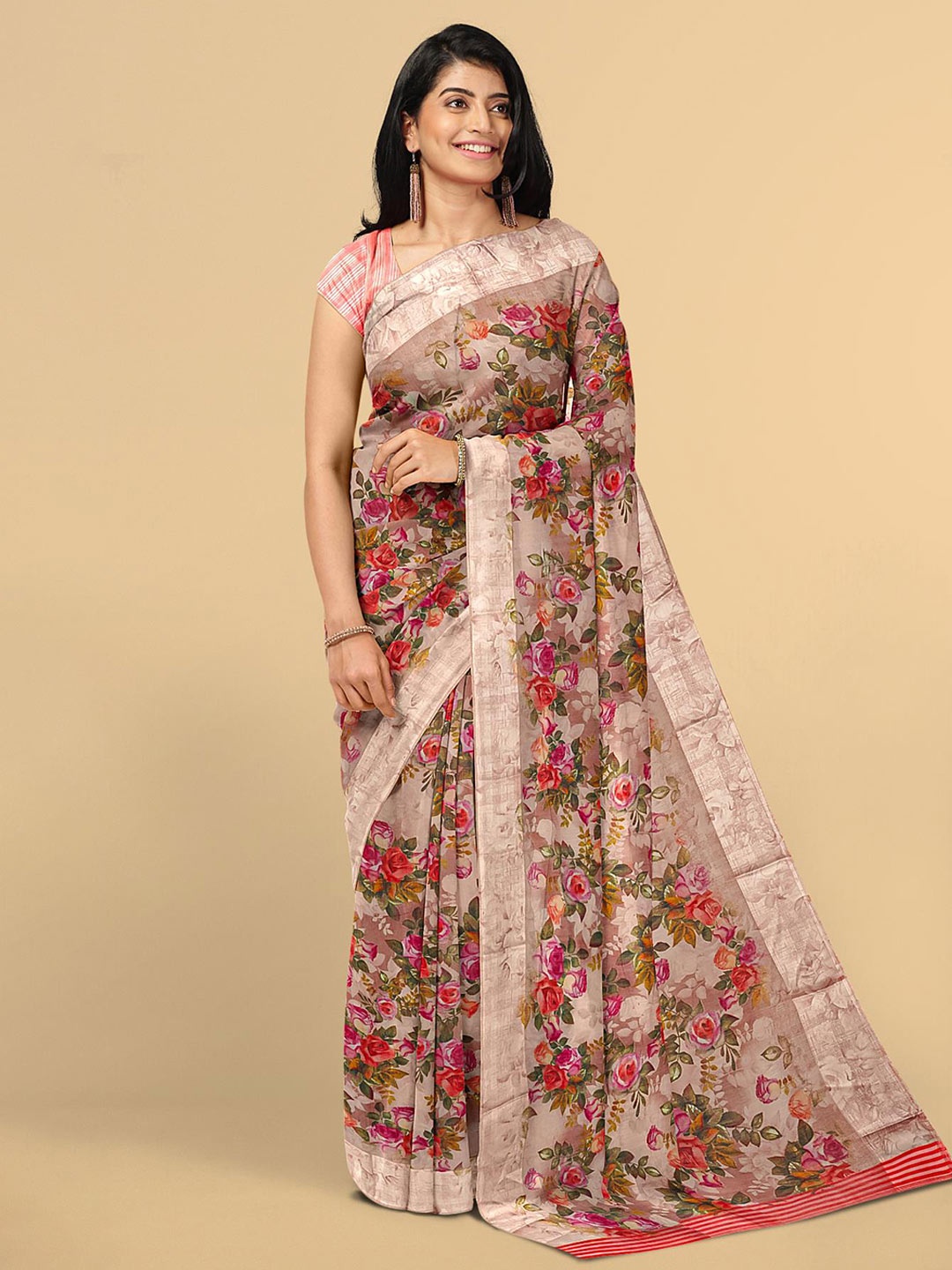 

Kalamandir Pink & Green Floral Linen Blend Saree