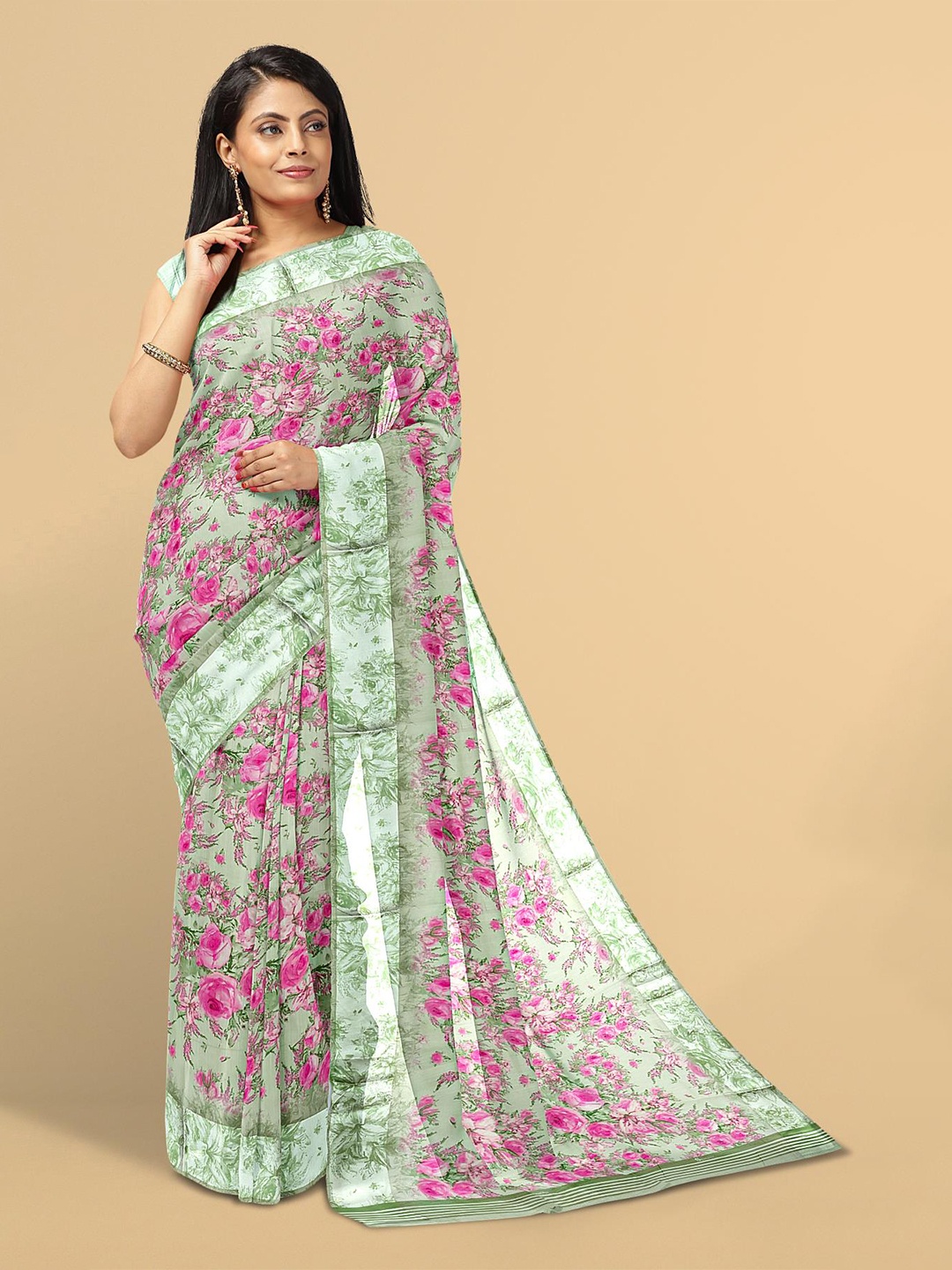 

Kalamandir Green & Pink Floral Linen Blend Saree
