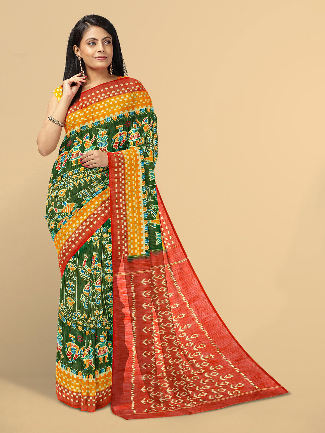 

Kalamandir Green & Red Batik Printed Linen Blend Saree
