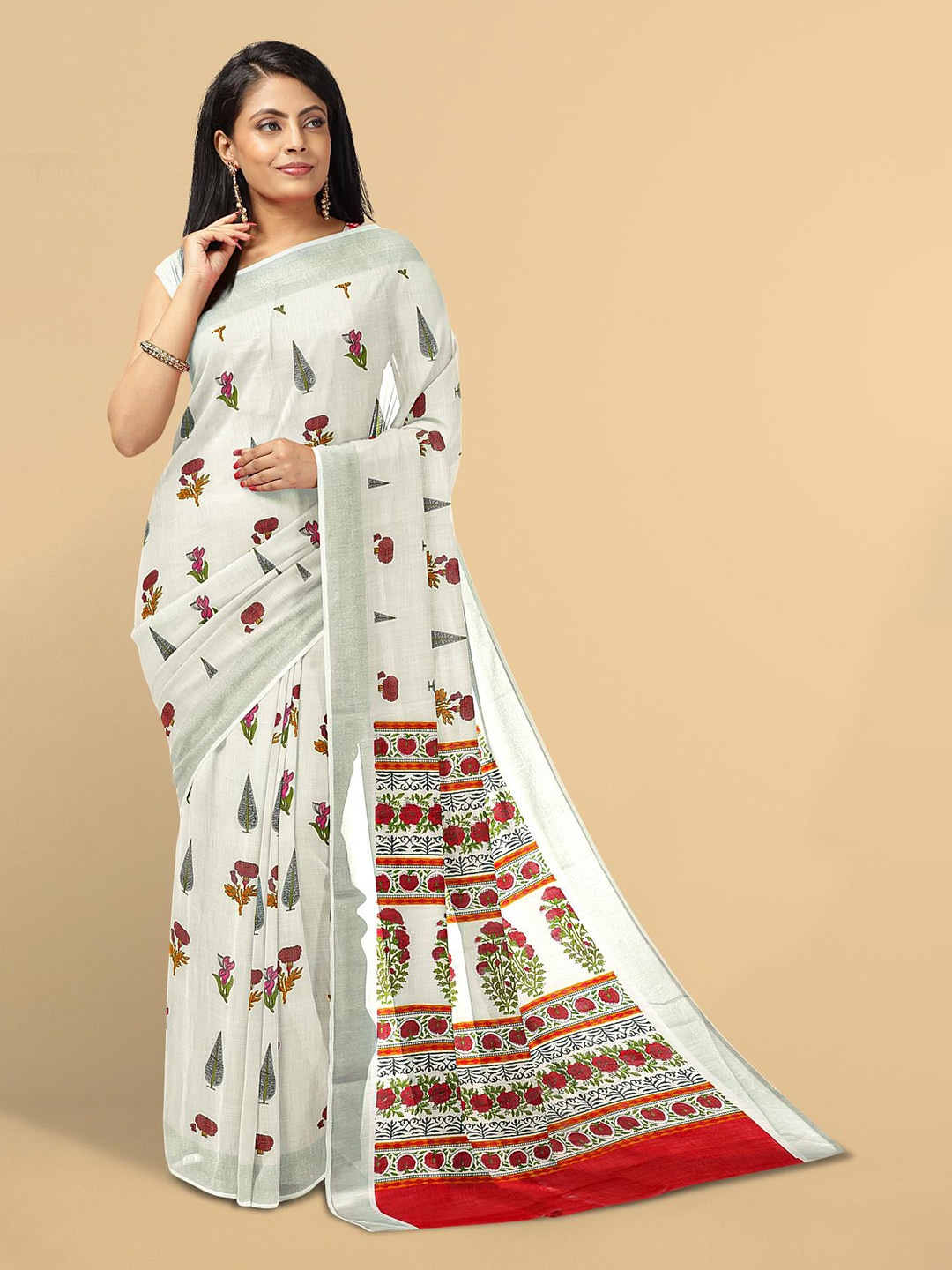

Kalamandir Women White & Red Floral Zari Linen Blend Saree with Blouse piece