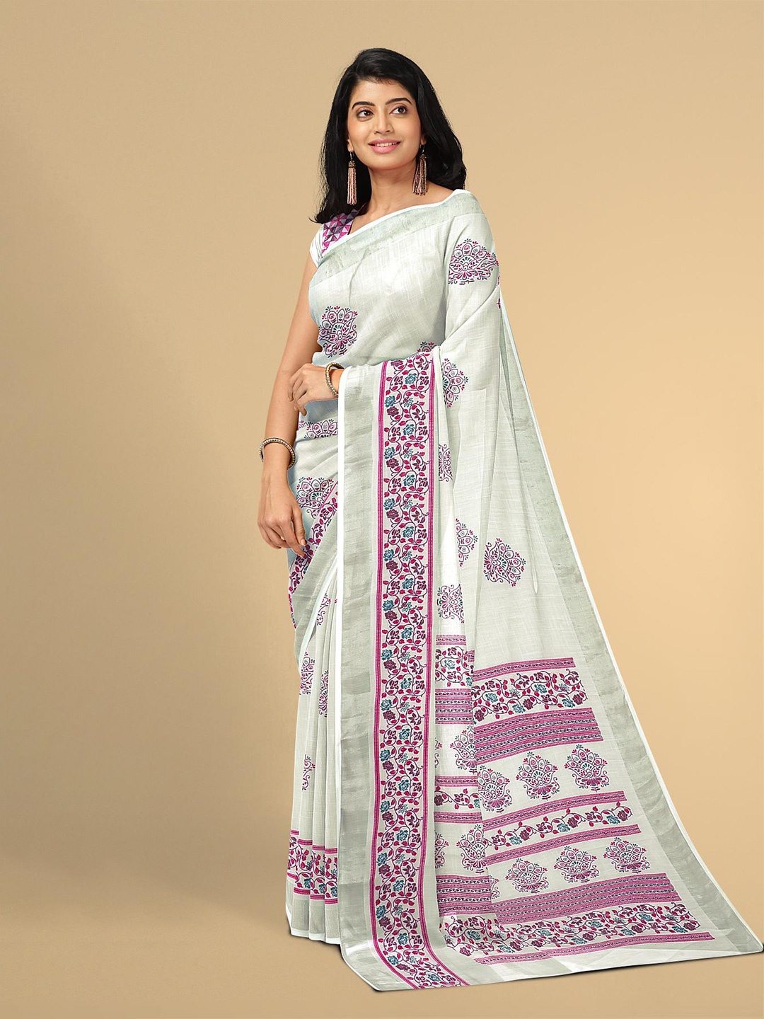 

Kalamandir White & Pink Floral Linen Blend Saree