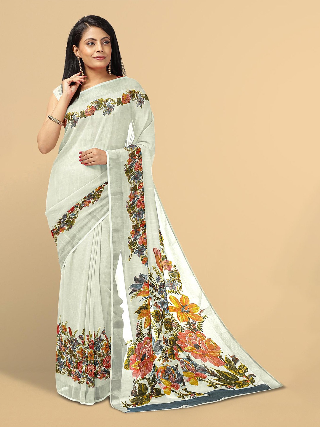 

Kalamandir White & Orange Floral Linen Blend Saree