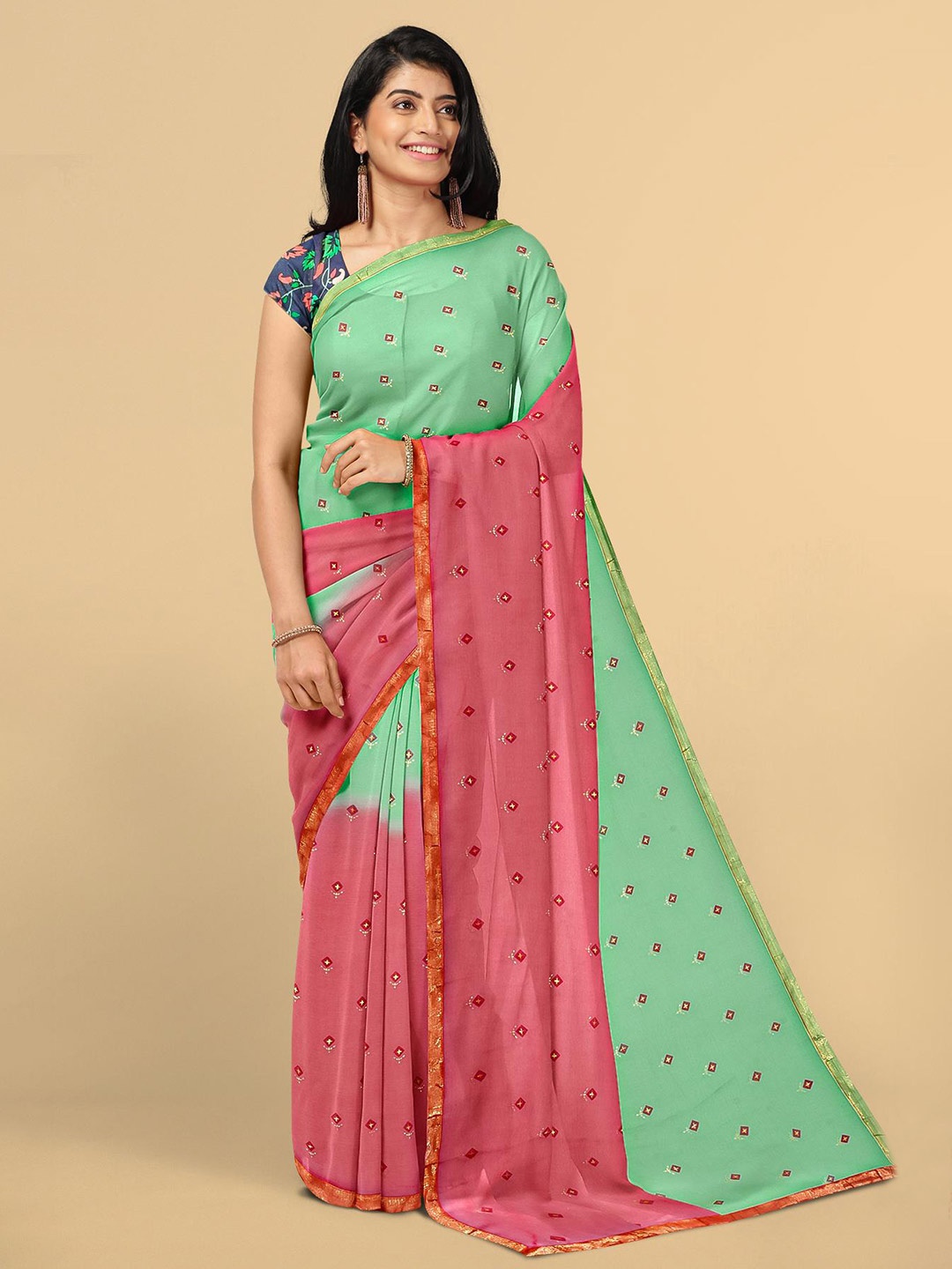 

Kalamandir Sea Green & Pink Floral Silk Blend Saree