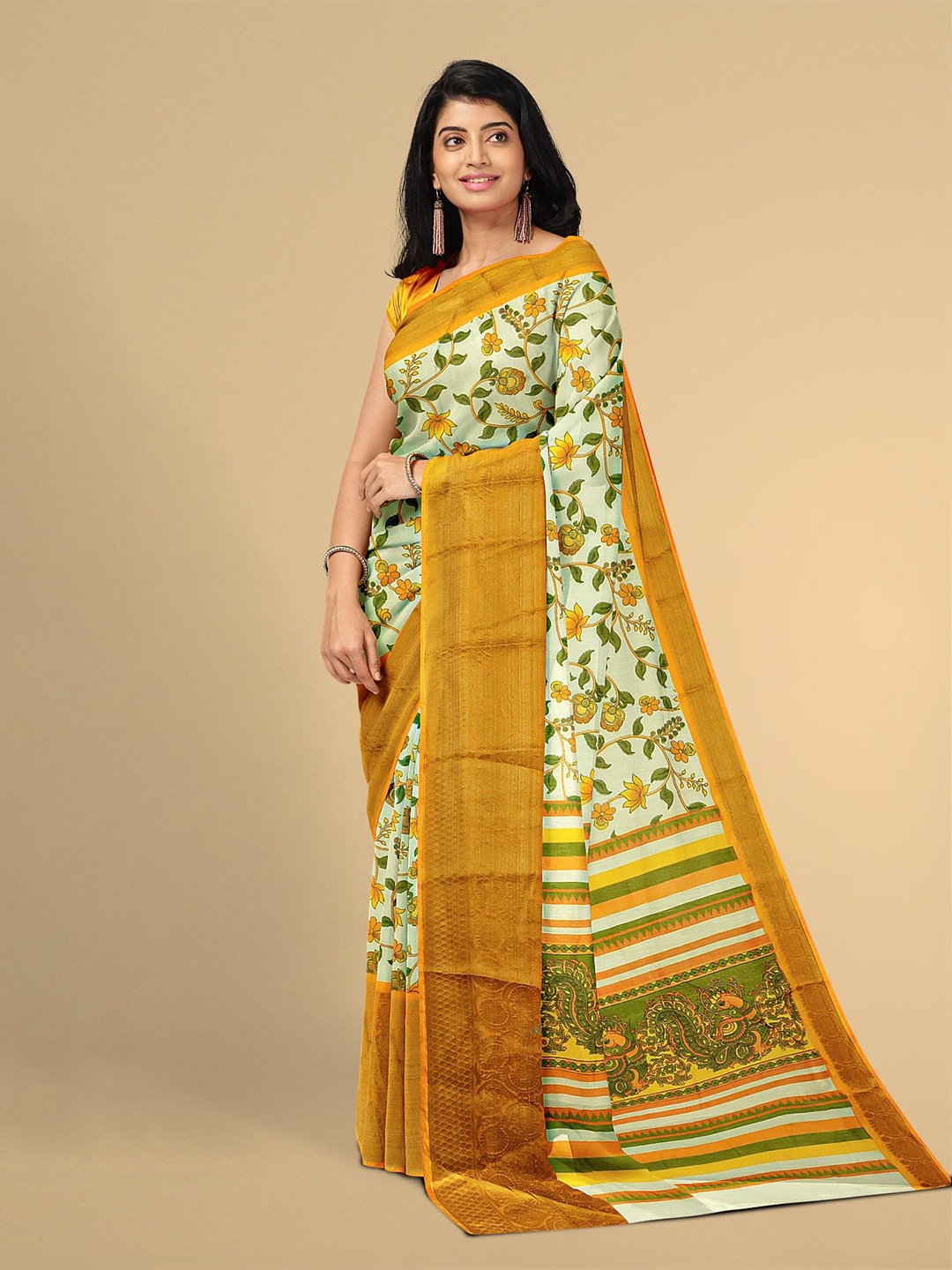 

Kalamandir Mustard & Green Floral Zari Silk Blend Saree